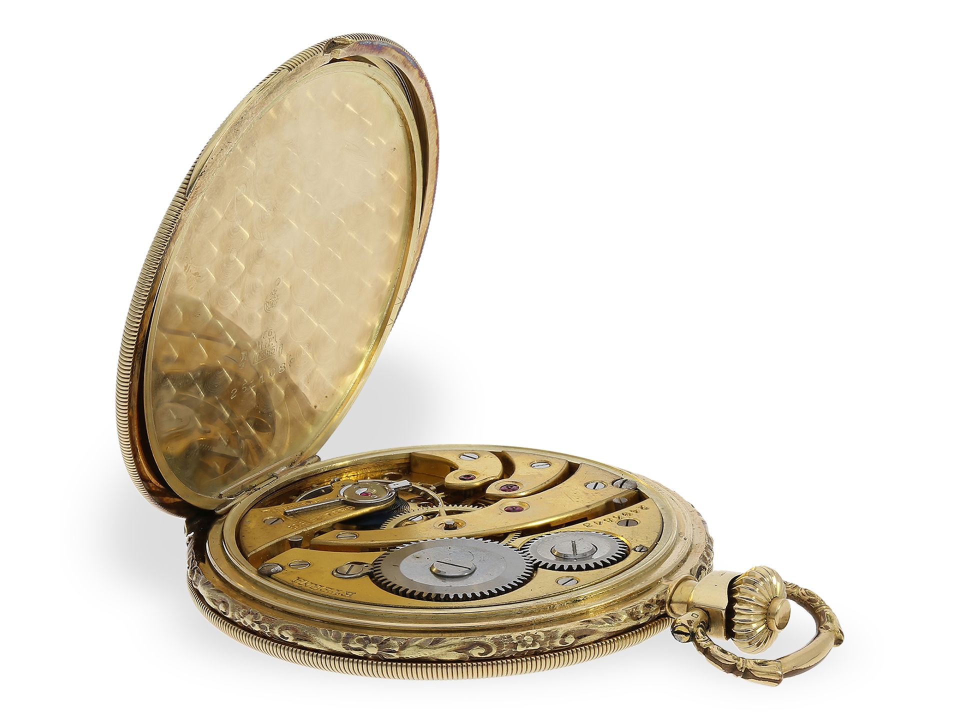Taschenuhr: Attraktive Art déco Goldsavonnette mit Nadelstreifen-Dekor, Chronometre Eterna, ca.1930: - Bild 4 aus 7