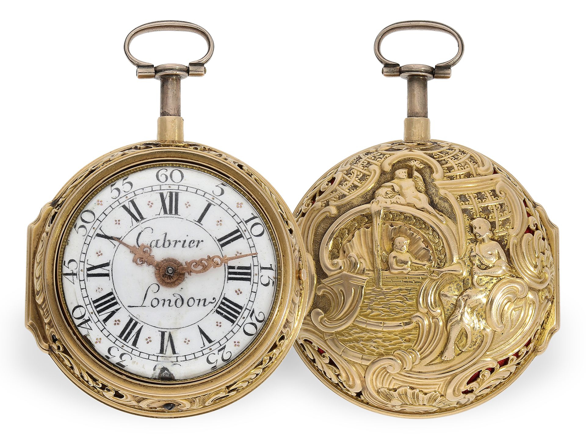 Taschenuhr: äußerst prächtige 18K Repoussé Doppelgehäuse-Spindeluhr mit Schlagwerk, Charles Cabrier