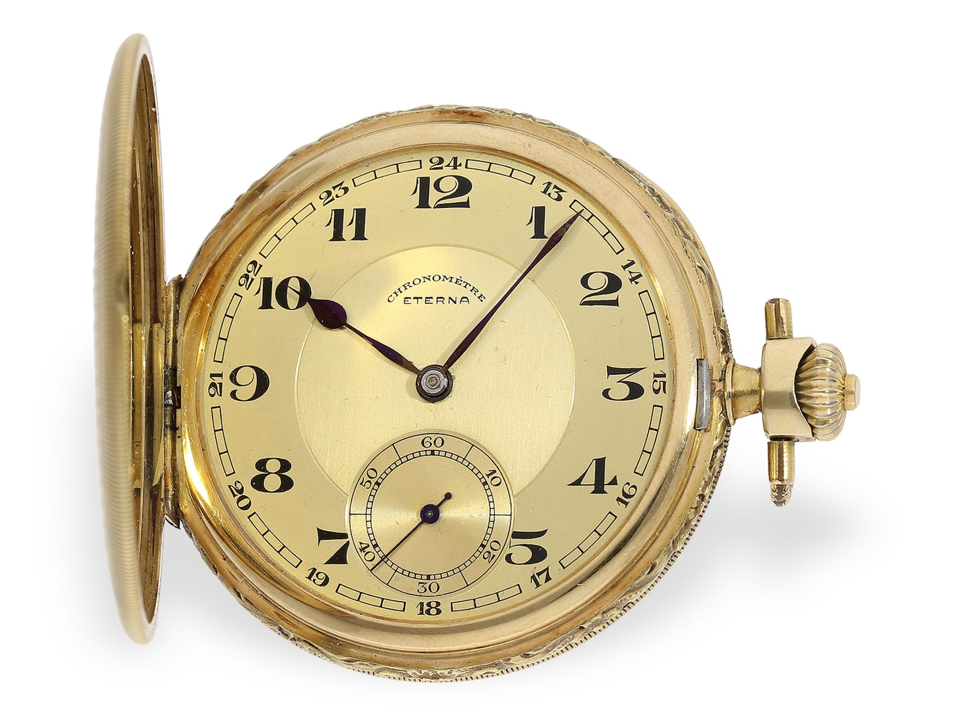 Taschenuhr: Attraktive Art déco Goldsavonnette mit Nadelstreifen-Dekor, Chronometre Eterna, ca.1930: