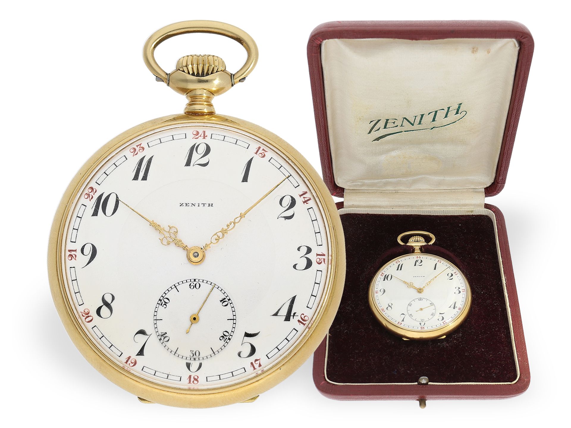 18K Präzisionstaschenuhr von Zenith, mit Originalbox, ca.1930