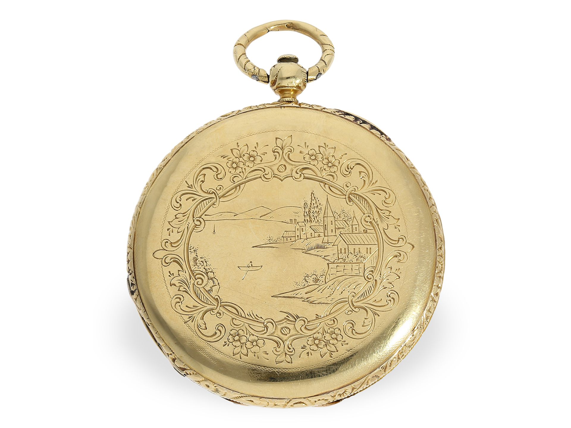Flache 18K Taschenuhr, Goldsavonnette mit sehr schöner Gehäusegravur, Motta Geneve um 1840 - Bild 7 aus 7