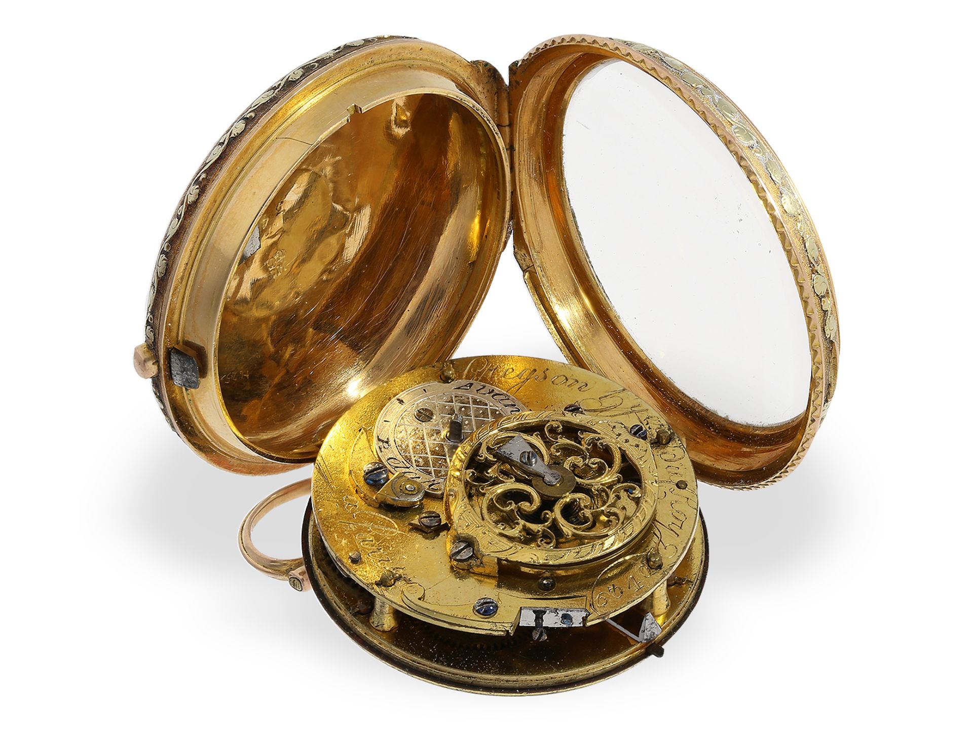 Ausgesprochen schöne, frühe 3-Farben-Zylinderuhr, Taschenuhr vom königlichen Uhrmacher Gregson Paris - Bild 2 aus 4