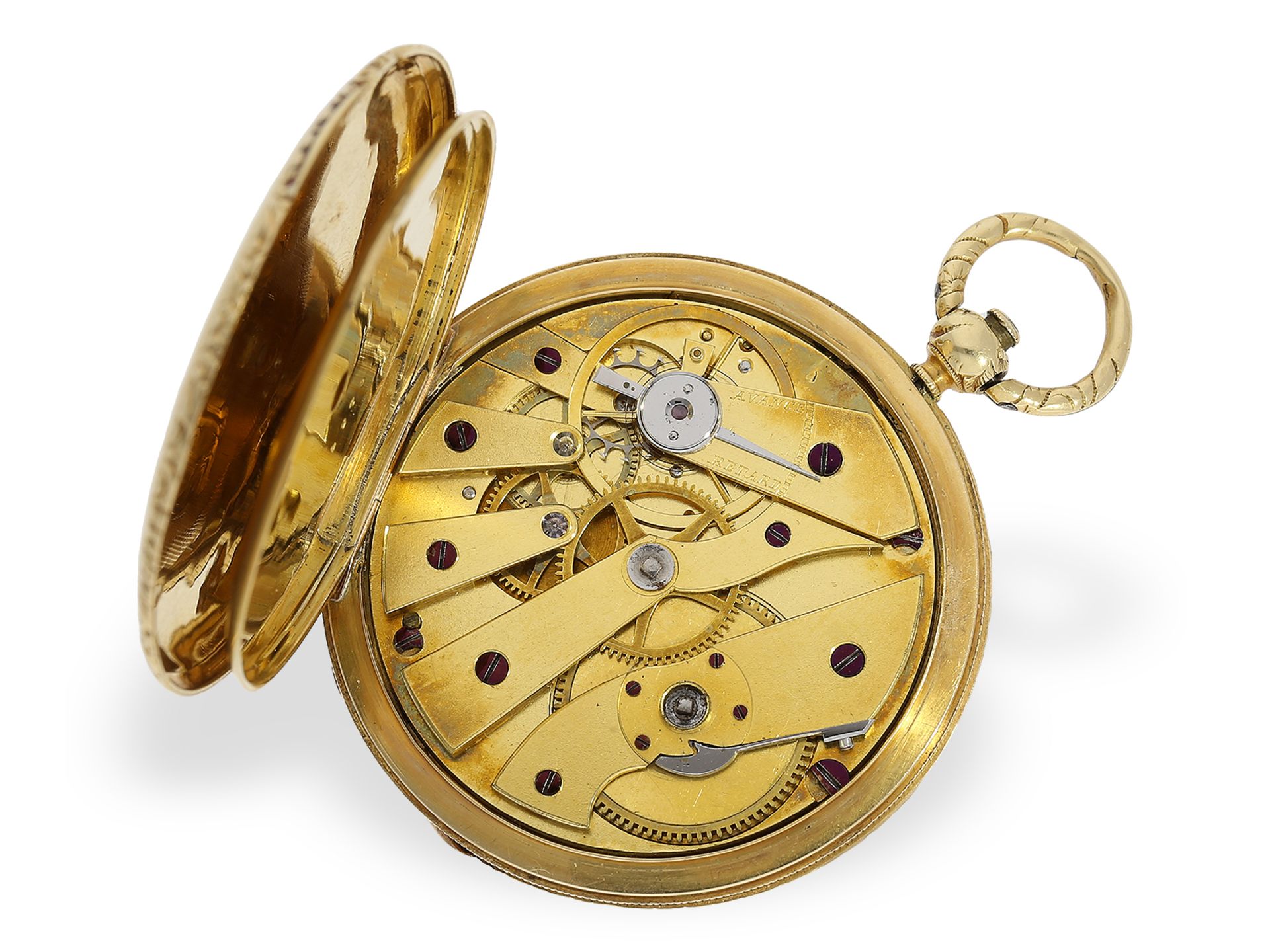 Flache 18K Taschenuhr, Goldsavonnette mit sehr schöner Gehäusegravur, Motta Geneve um 1840 - Bild 2 aus 7