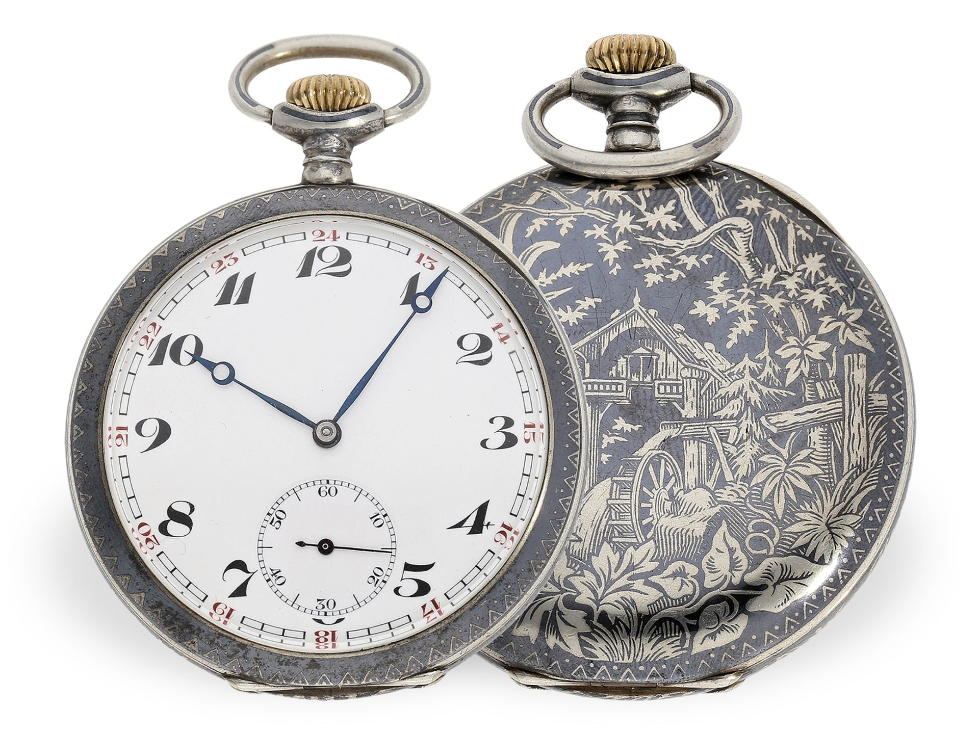 Rare precision pocket watch with niello case, probably apprentice watch, plate engraved F.D. 1927