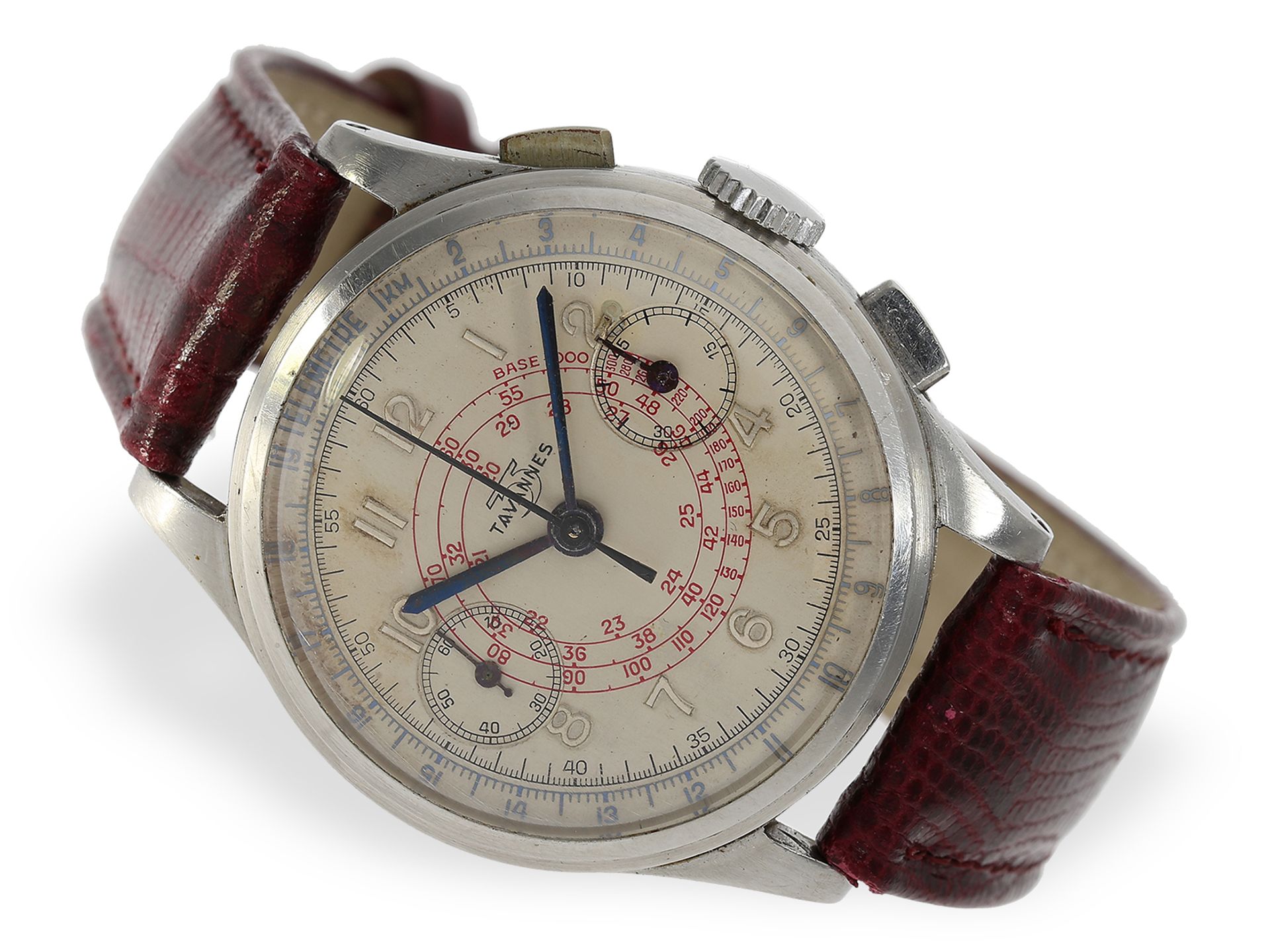 Vintage Tavannes Stahl-Chronograph mit seltener Zifferblattausführung mit roter Tachymeter-Schnecke,