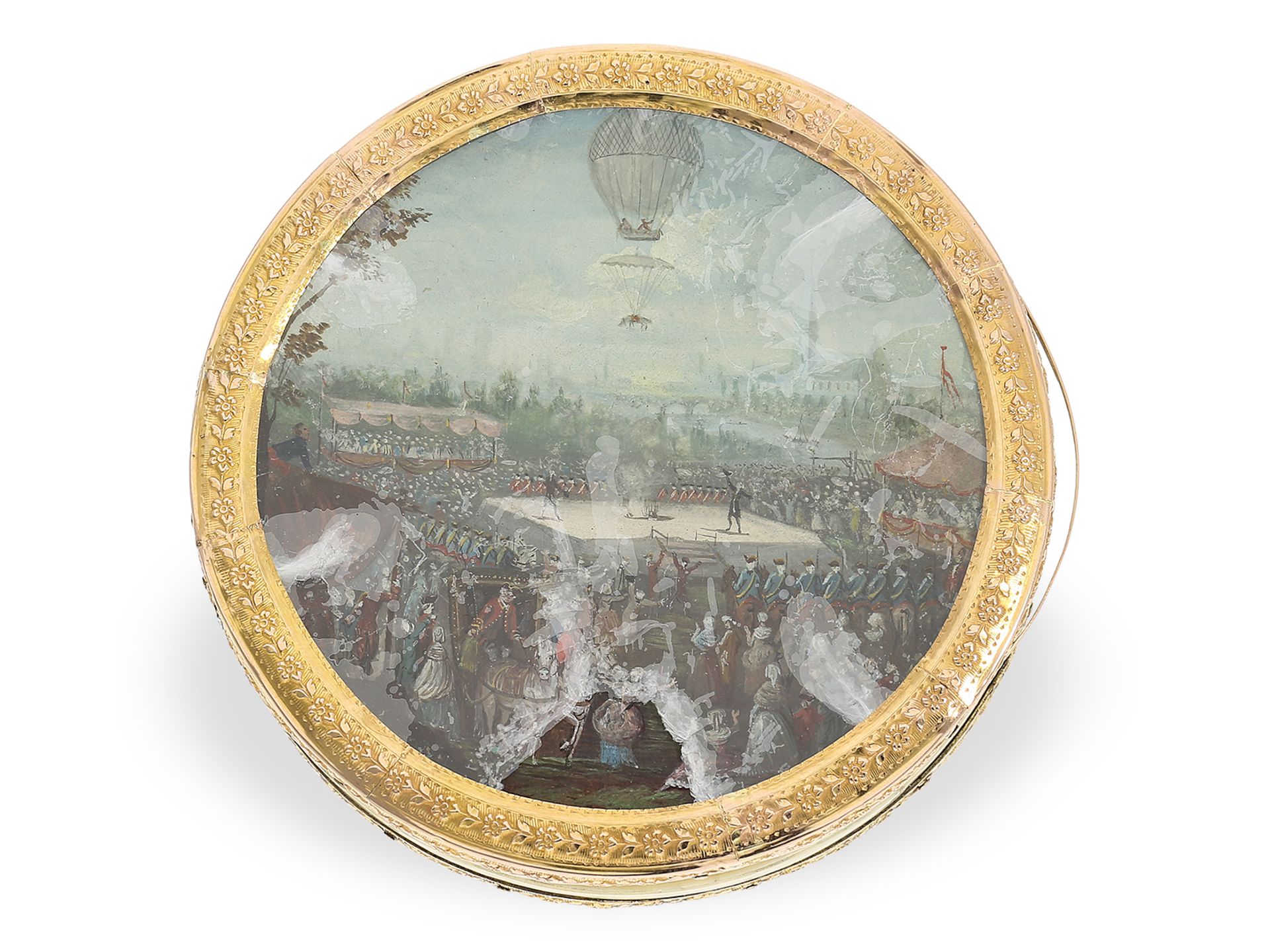 Unique antique snuff box, gold/ivory/tortoiseshell, painting "Circus Spectacle with Rise of a Balloo - Image 3 of 5