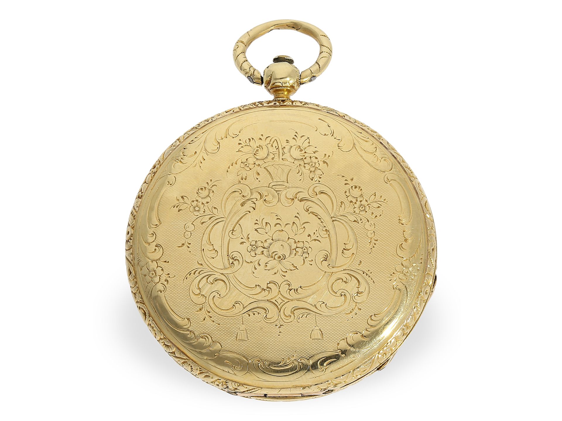 Flache 18K Taschenuhr, Goldsavonnette mit sehr schöner Gehäusegravur, Motta Geneve um 1840 - Bild 6 aus 7