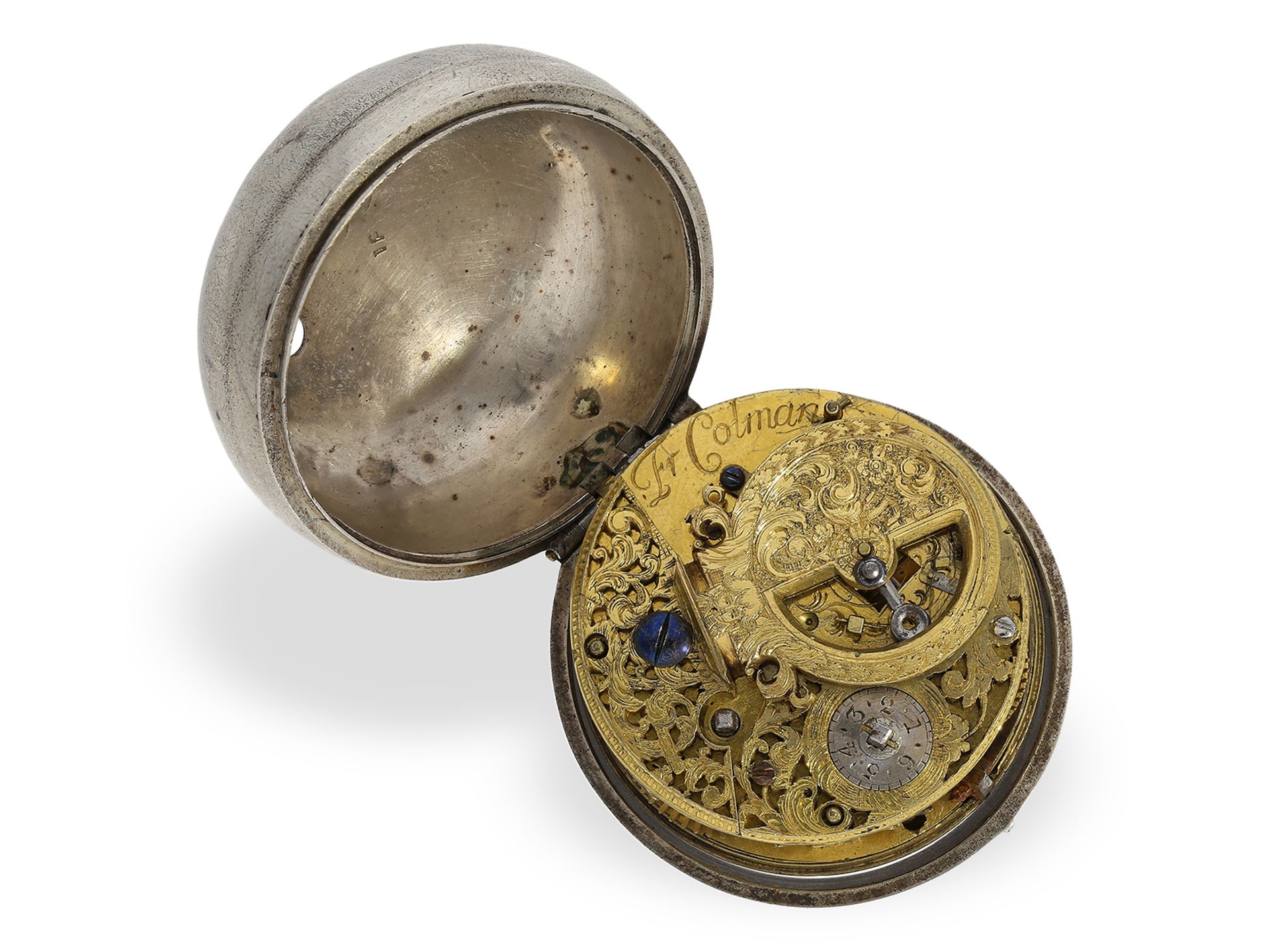 Taschenuhr: frühe englische Sackuhr mit Scheinpendel, signiert Francois Colman Ipswich, ca.1700 - Bild 3 aus 6