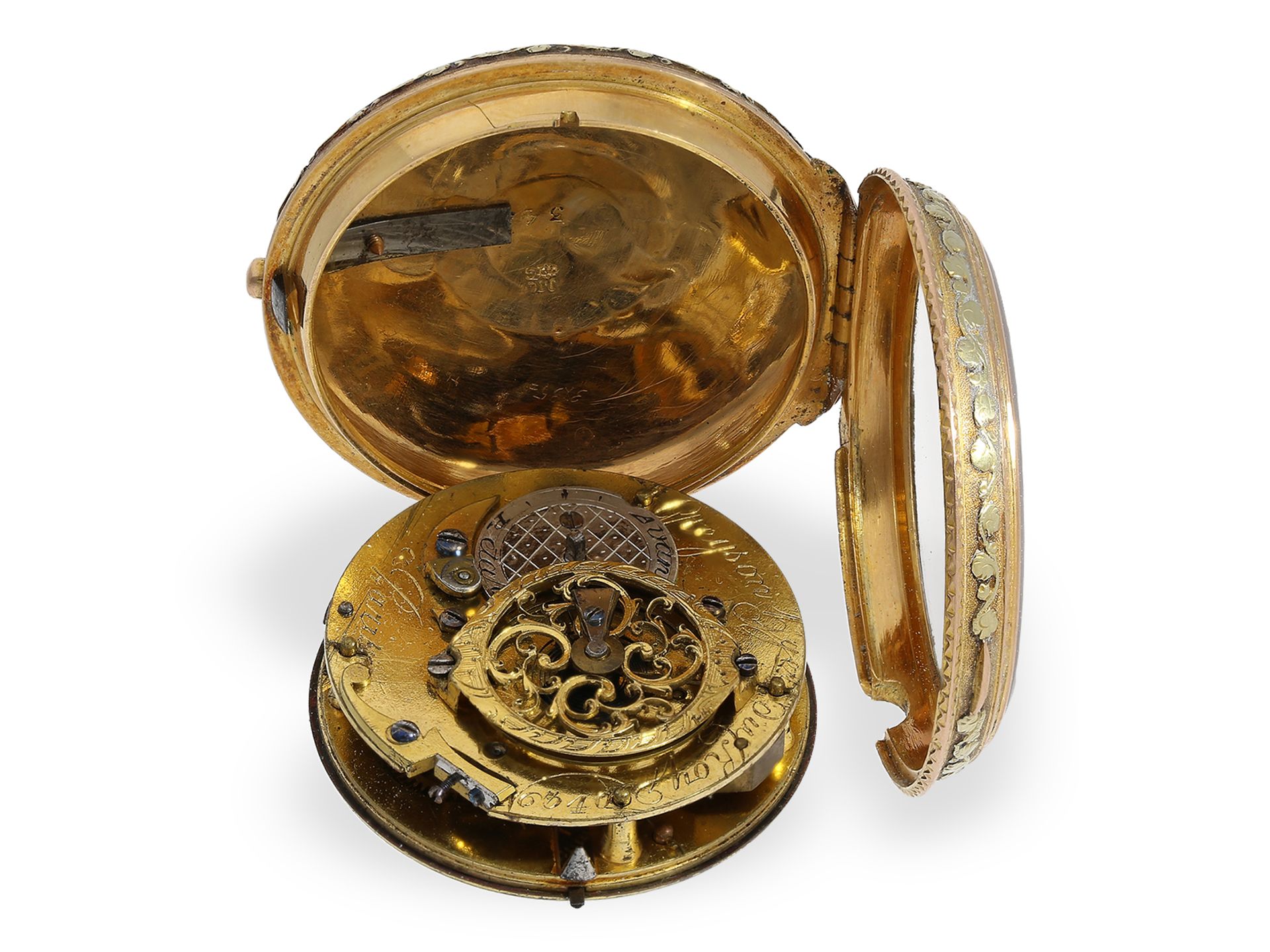Ausgesprochen schöne, frühe 3-Farben-Zylinderuhr, Taschenuhr vom königlichen Uhrmacher Gregson Paris - Bild 3 aus 4