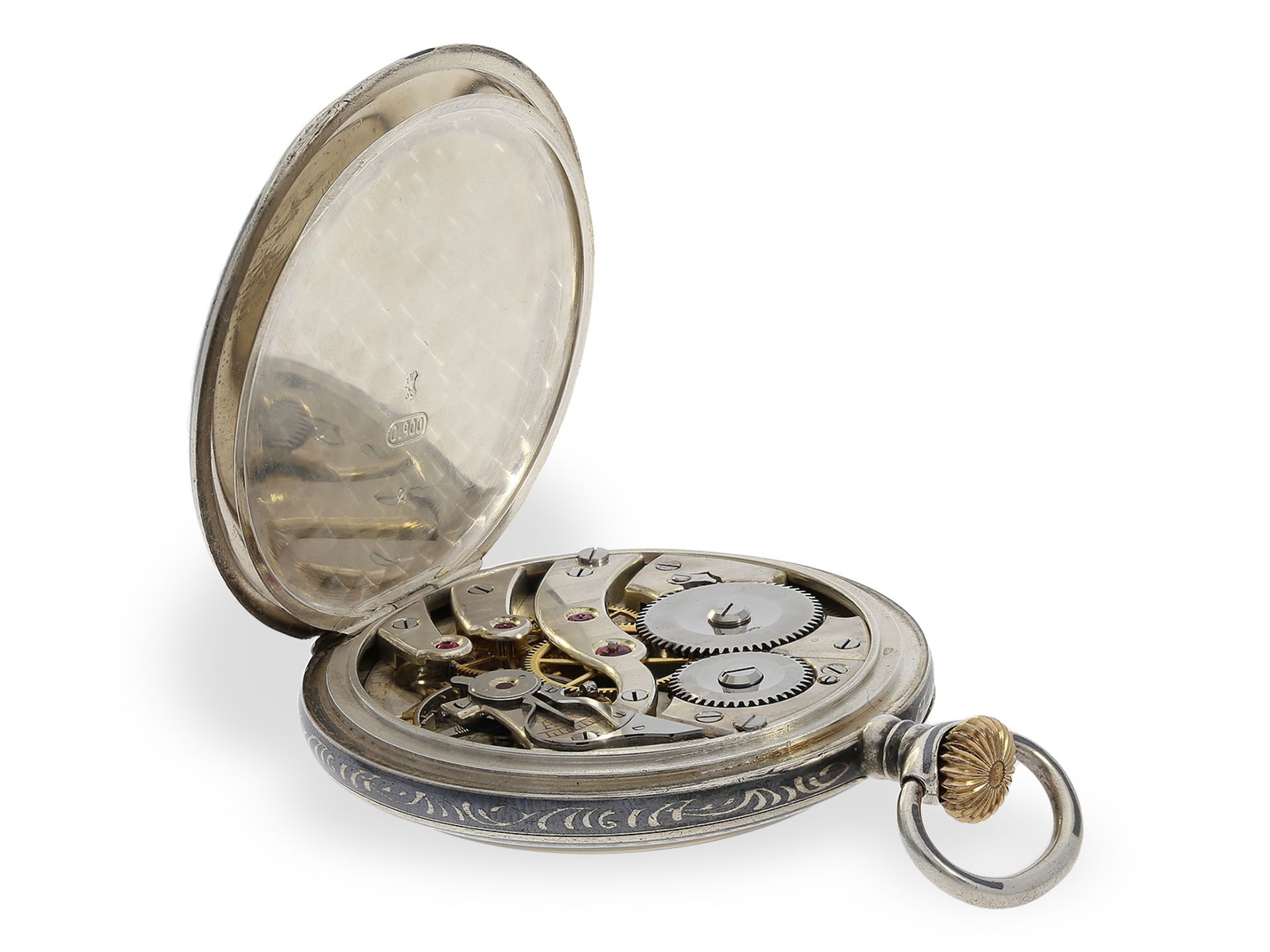 Rare precision pocket watch with niello case, probably apprentice watch, plate engraved F.D. 1927 - Image 4 of 5