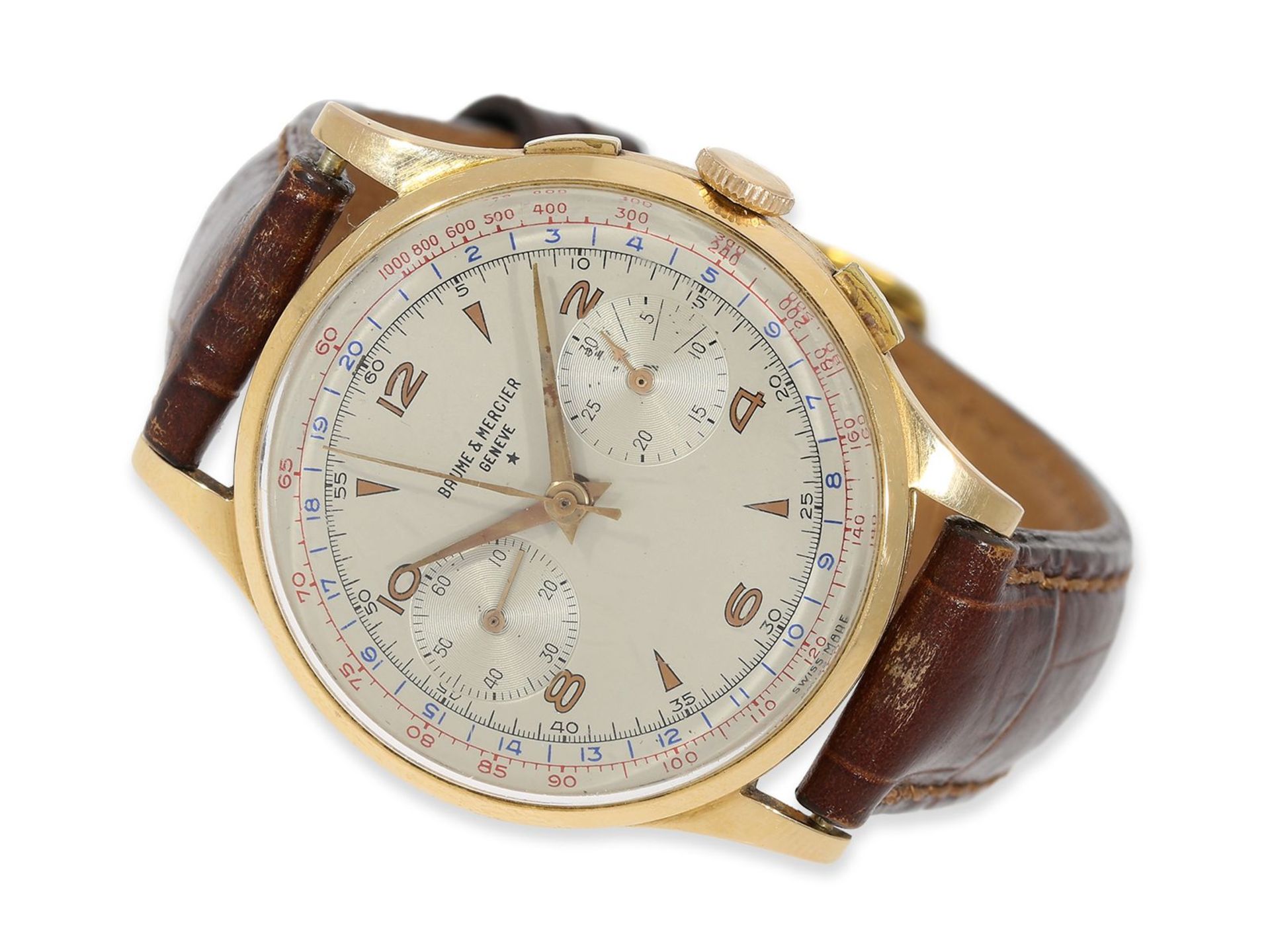 Armbanduhr: attraktiver, vintage "oversize" 18K Chronograph, Baume & Mercier Geneve mit Originalbox: