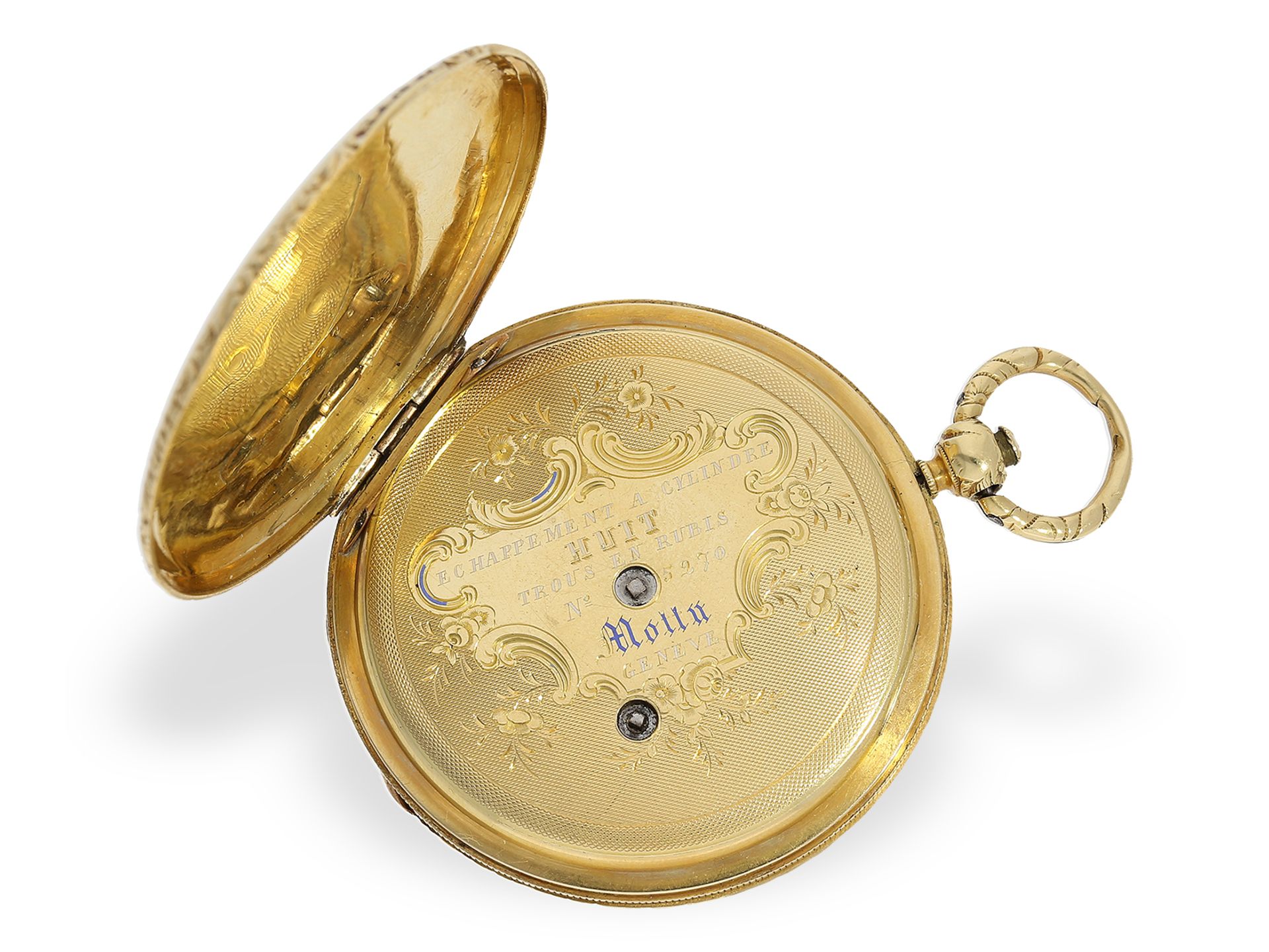 Flache 18K Taschenuhr, Goldsavonnette mit sehr schöner Gehäusegravur, Motta Geneve um 1840 - Bild 3 aus 7