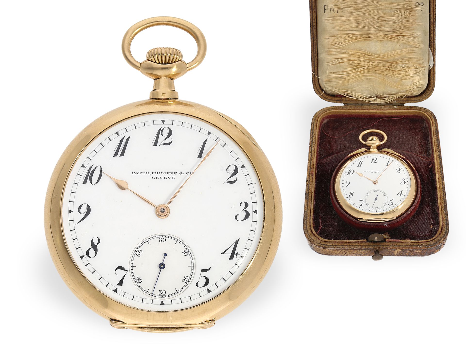 Hochfeine Patek Philippe Taschenuhr mit besonderer Werksqualität, Originalpapiere und Originalbox, c