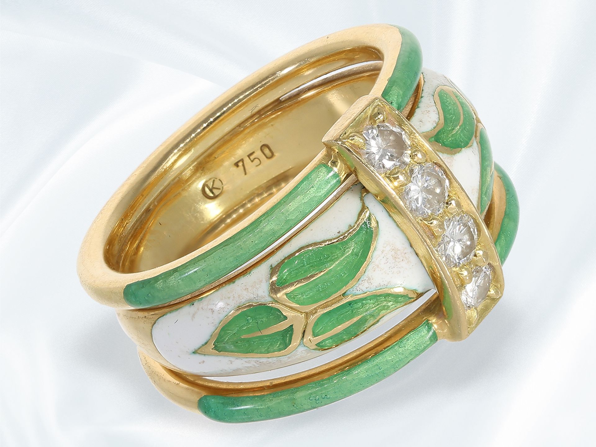 Ring: ausgefallener, emaillierter vintage Goldschmiedering mit Brillantbesatz, vermutlich unikate Ha - Bild 2 aus 3