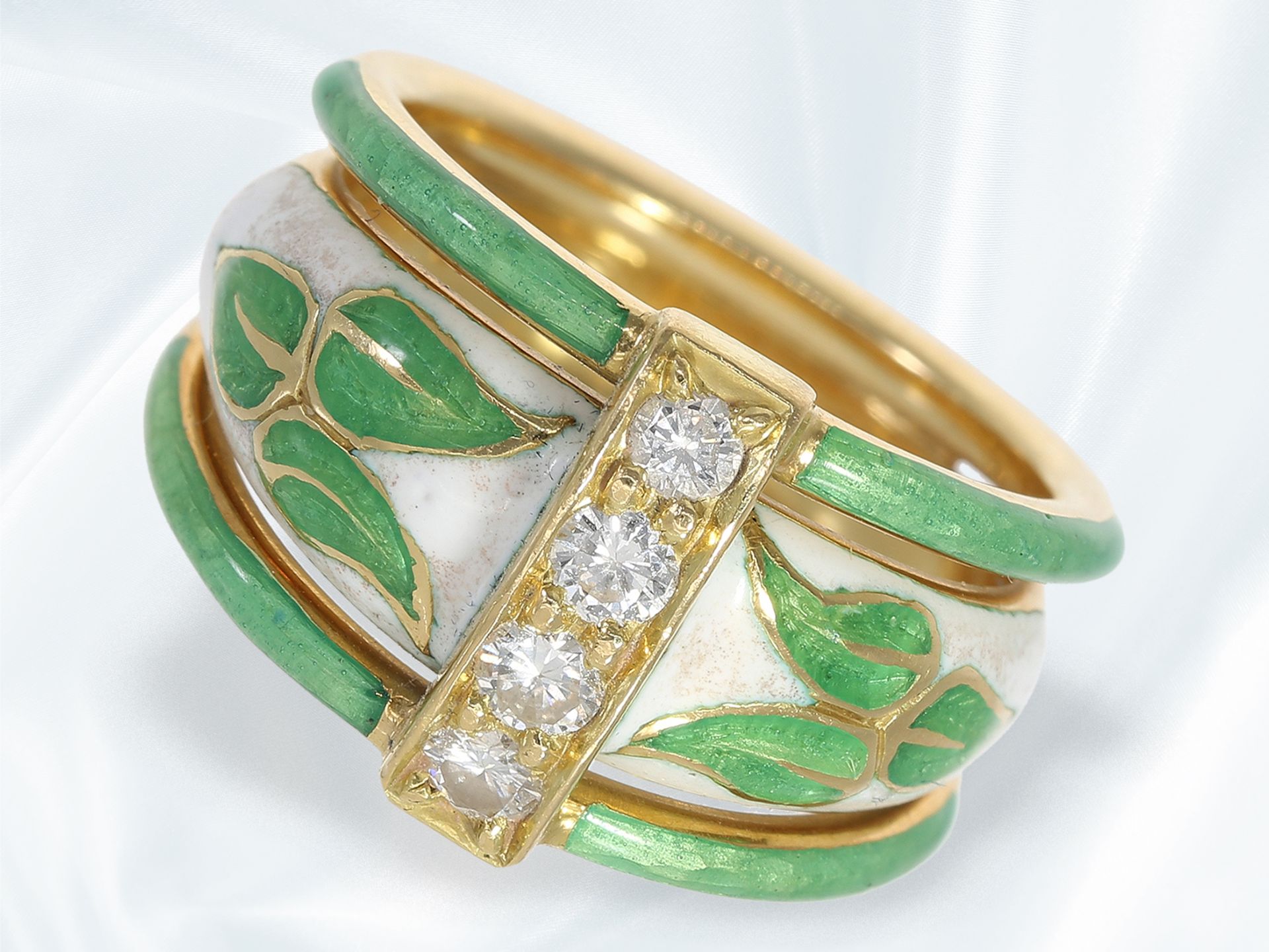 Ring: ausgefallener, emaillierter vintage Goldschmiedering mit Brillantbesatz, vermutlich unikate Ha