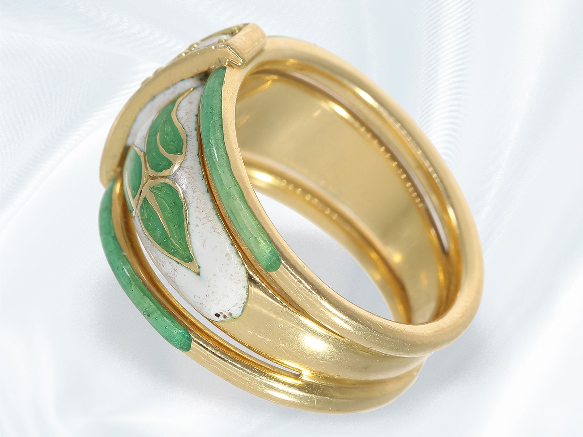 Ring: ausgefallener, emaillierter vintage Goldschmiedering mit Brillantbesatz, vermutlich unikate Ha - Bild 3 aus 3