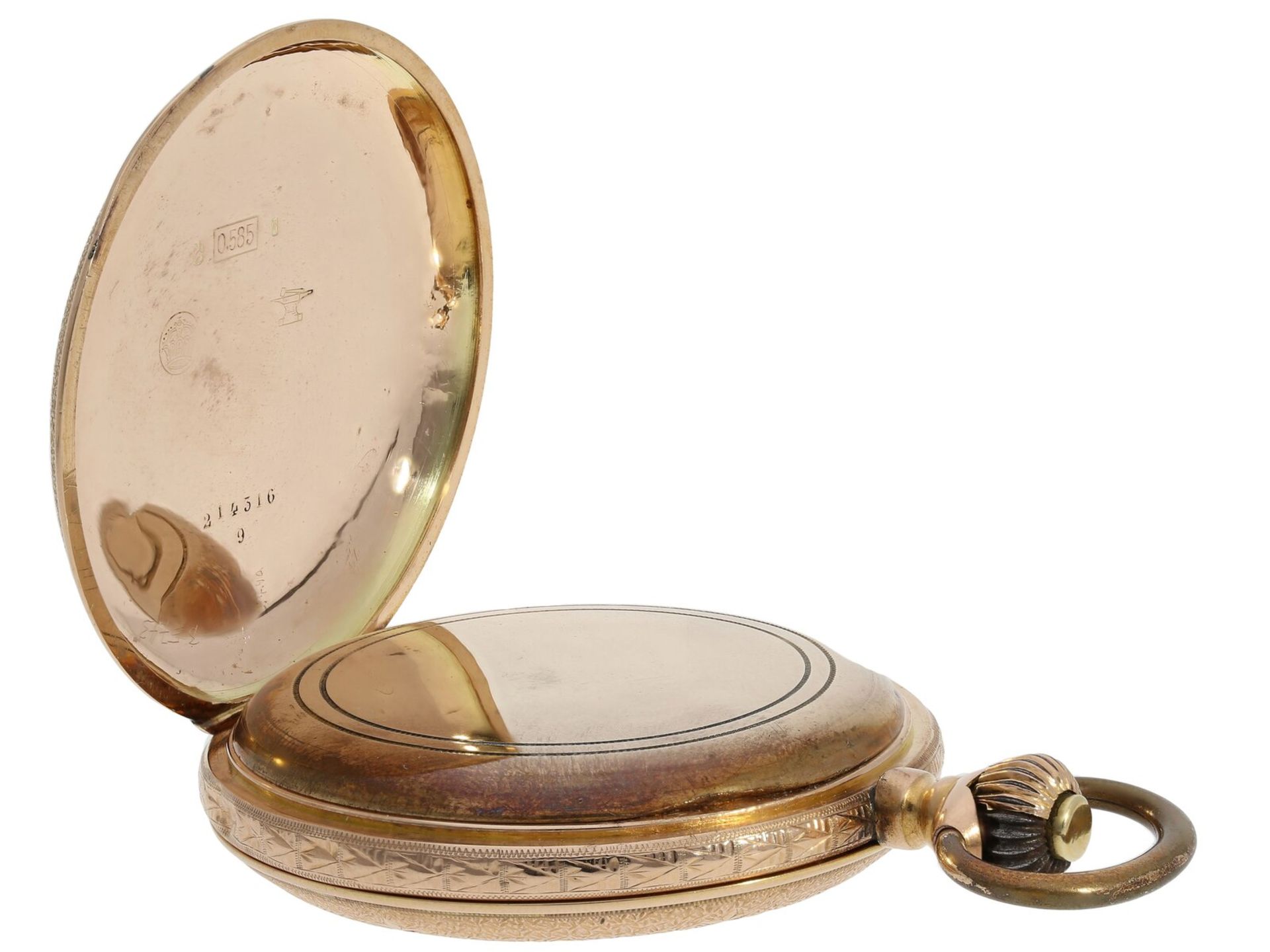 Taschenuhr: hochwertige Halbsavonnette, rotgoldenes Ankerchronometer mit seltener Vermicelli-Dekorat - Bild 3 aus 5