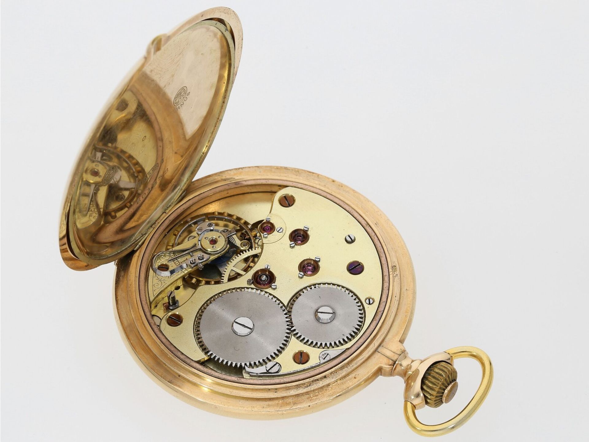 Taschenuhr: goldene dekorative Goldsavonnette mit Präzisionsankerwerk in Glashütter Bauweise , Marke - Bild 4 aus 4