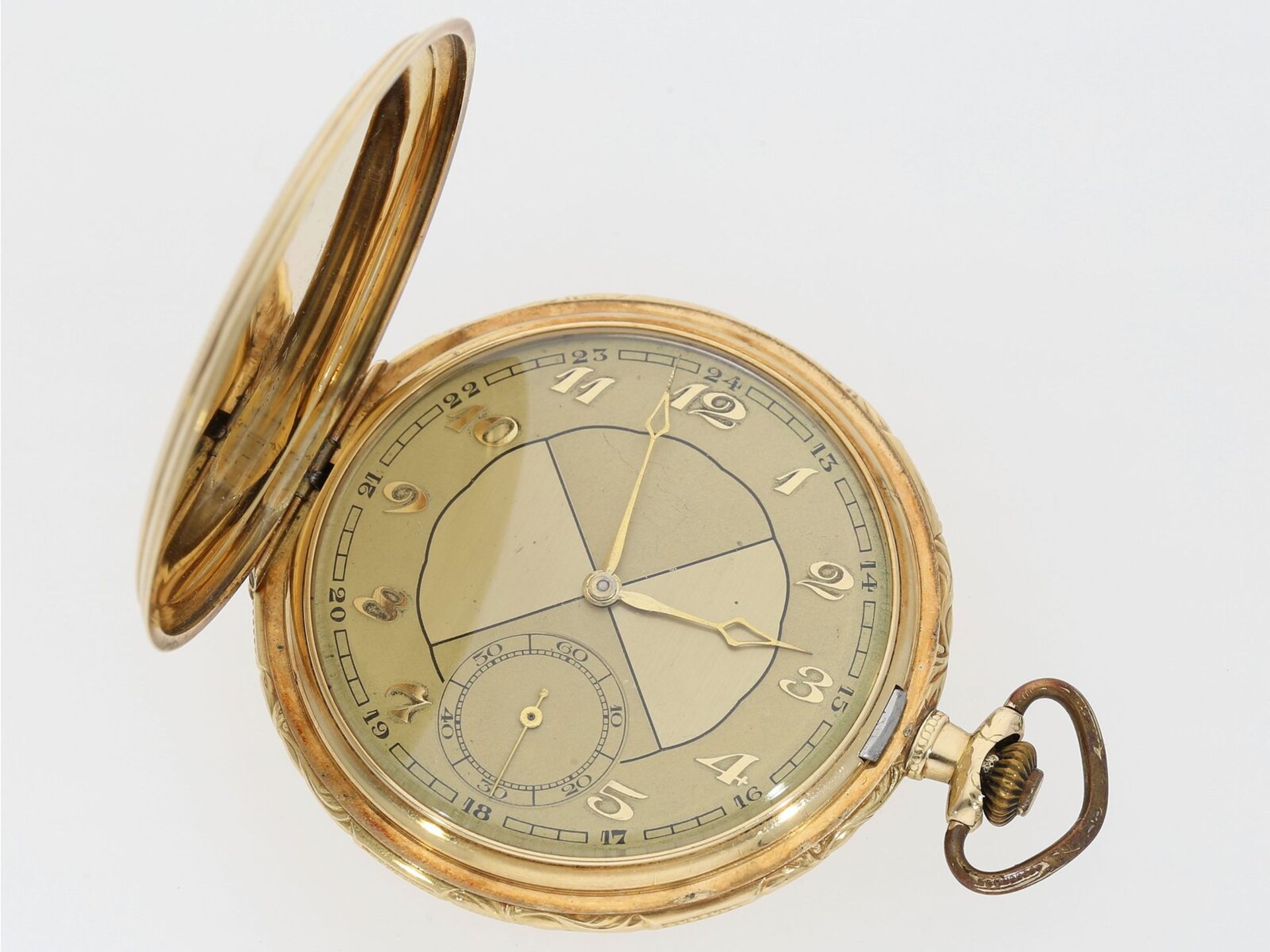 Dekorativ gestaltete goldene Taschenuhr mit 14K Uhrenkette(ca.12g), um 1926