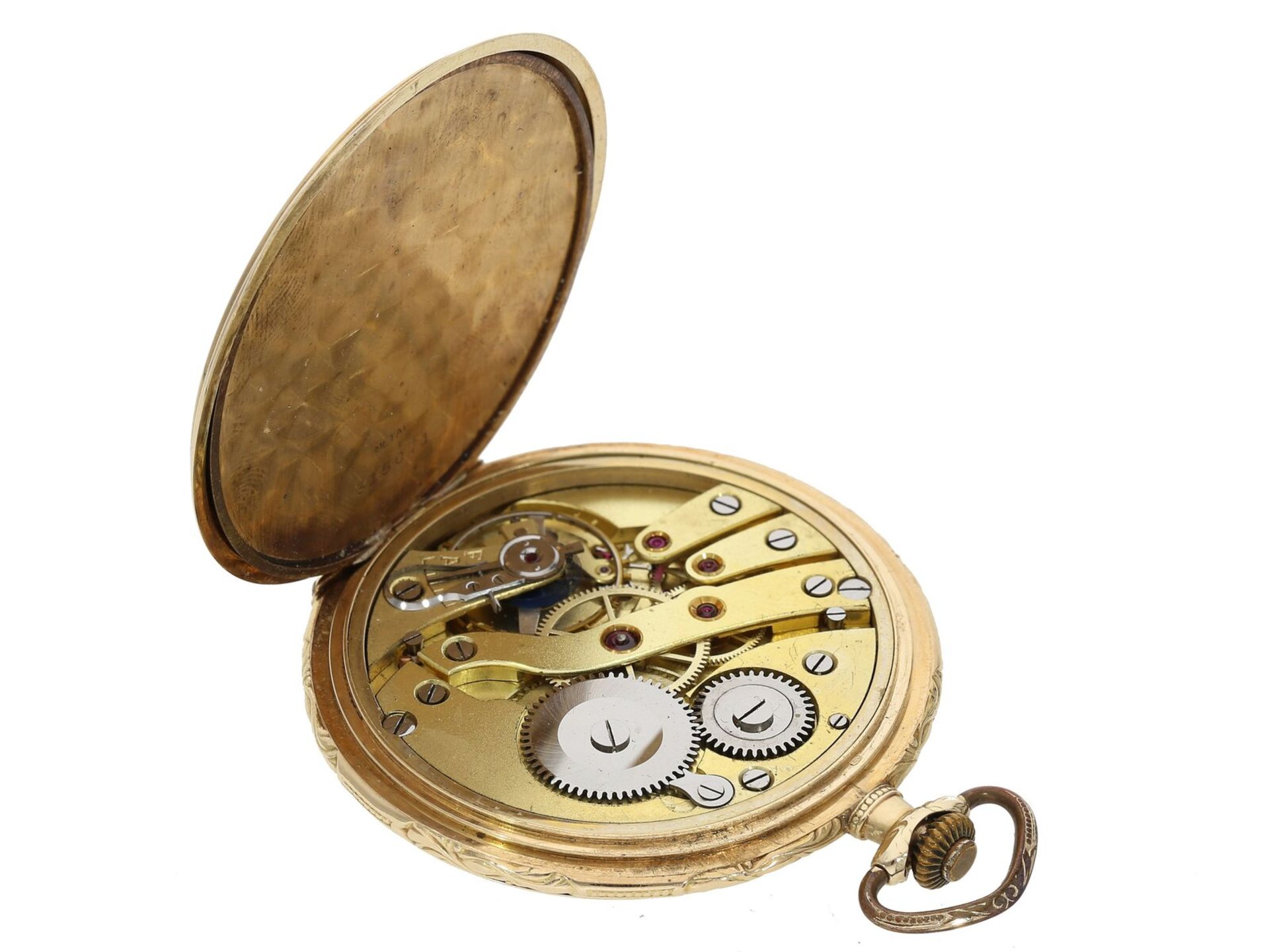 Dekorativ gestaltete goldene Taschenuhr mit 14K Uhrenkette(ca.12g), um 1926 - Bild 4 aus 6