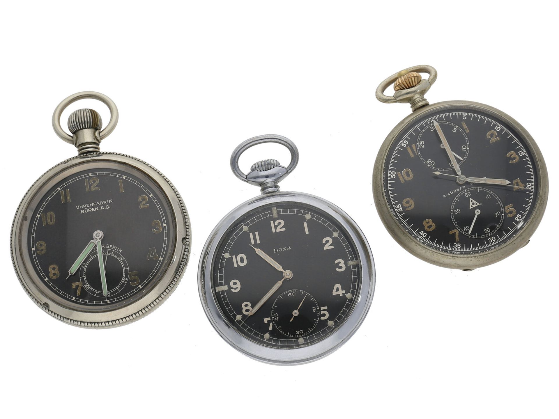 Taschenuhr: Konvolut von 3 seltenen, deutschen militärischen Taschenuhren, dabei ein Chronograph Lün