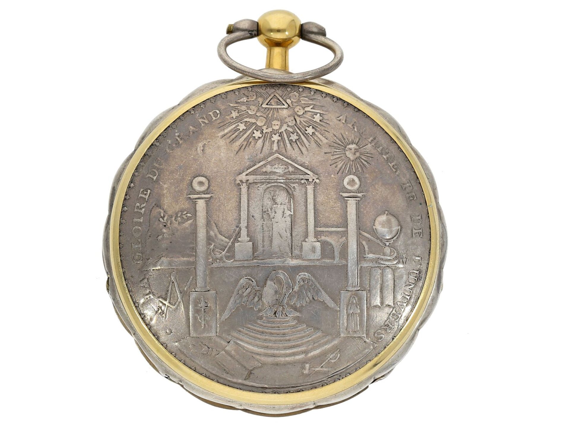 Taschenuhr: extrem seltene Spindeluhr mit Freimaurerdekoration, Frankreich um 1800 - Bild 2 aus 4