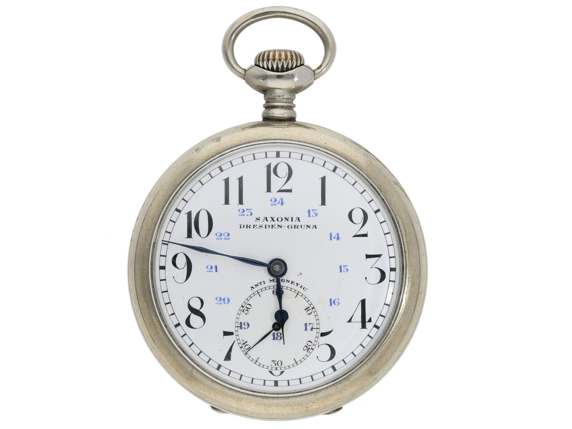 Hoch attraktive Dresdener Präzisionstaschenuhr der Marke Saxonia mit "Eisenbahn-Reliefgehäuse", verm