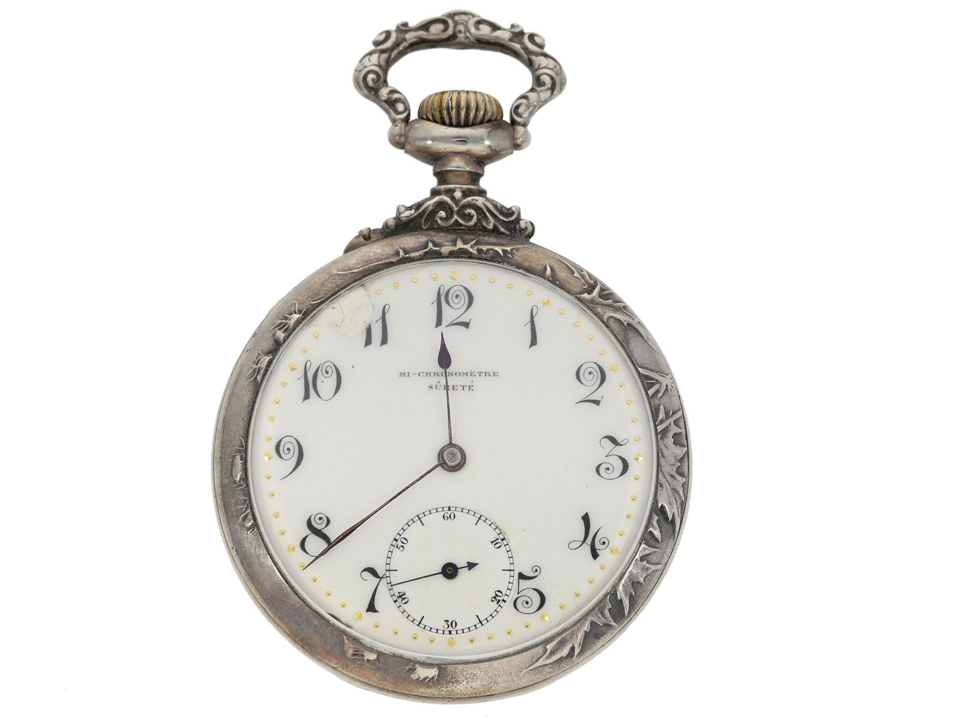 Seltenes Movado Ankerchronometer mit dekorativem Jugendstil-Reliefgehäuse, Silber, um 1900