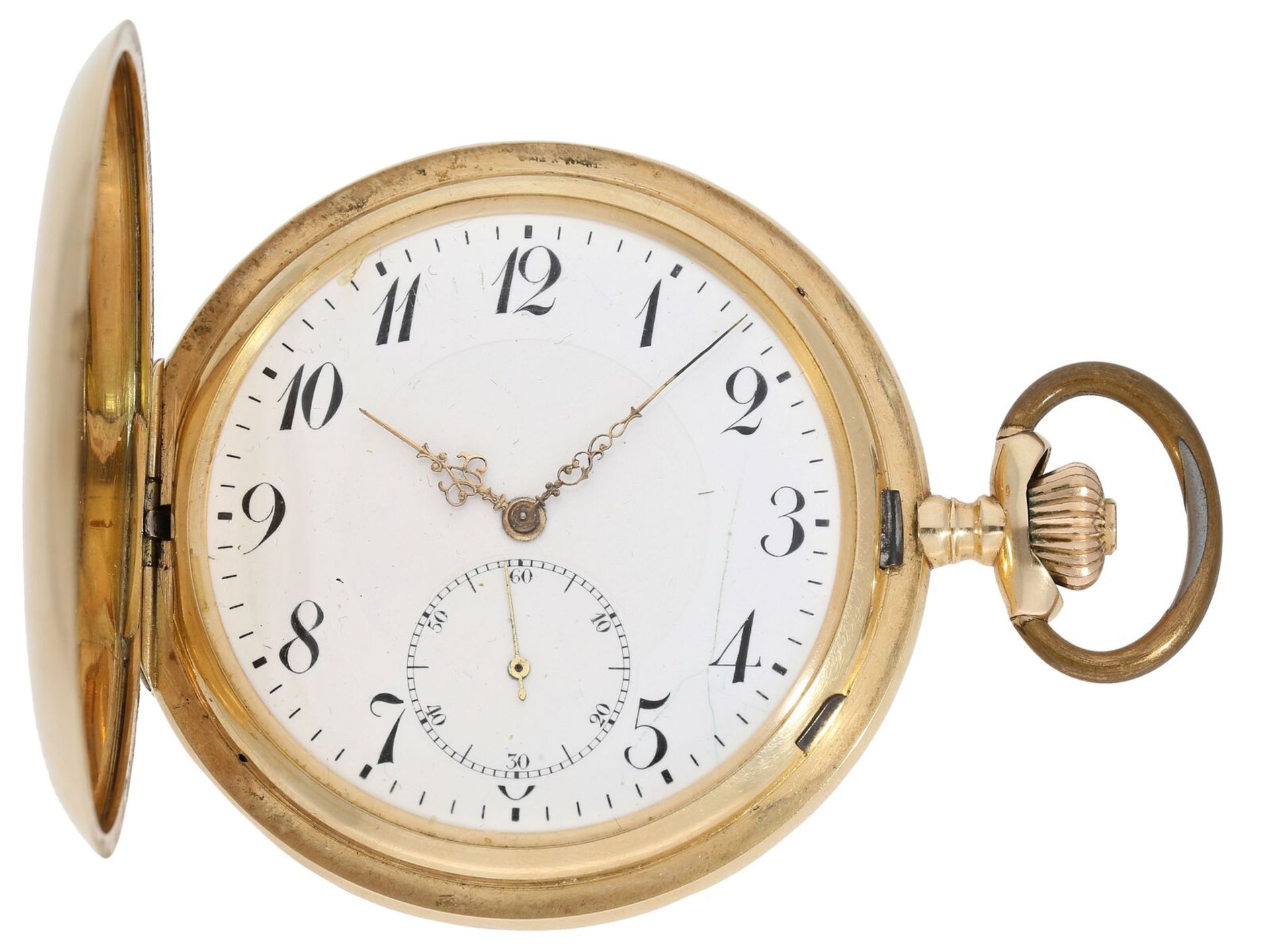 Taschenuhr: besonders große und schwere Goldsavonnette "System Glashütte", um 1900