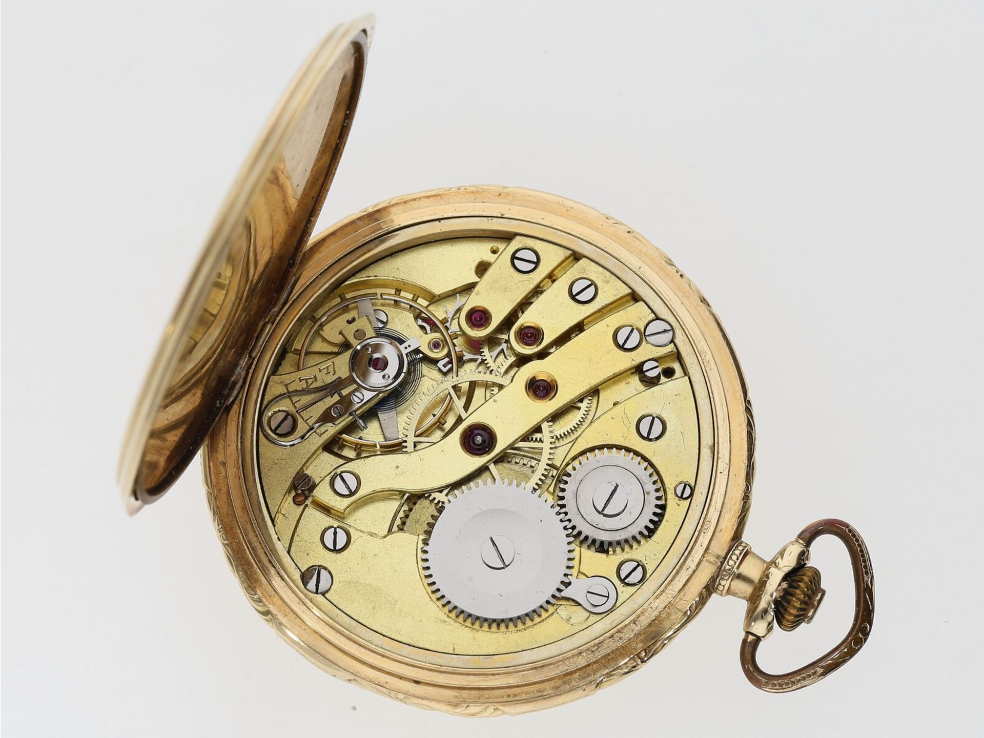 Dekorativ gestaltete goldene Taschenuhr mit 14K Uhrenkette(ca.12g), um 1926 - Bild 5 aus 6