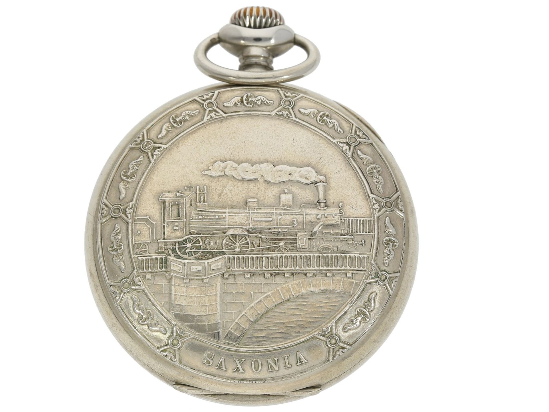 Hoch attraktive Dresdener Präzisionstaschenuhr der Marke Saxonia mit "Eisenbahn-Reliefgehäuse", verm - Bild 2 aus 4