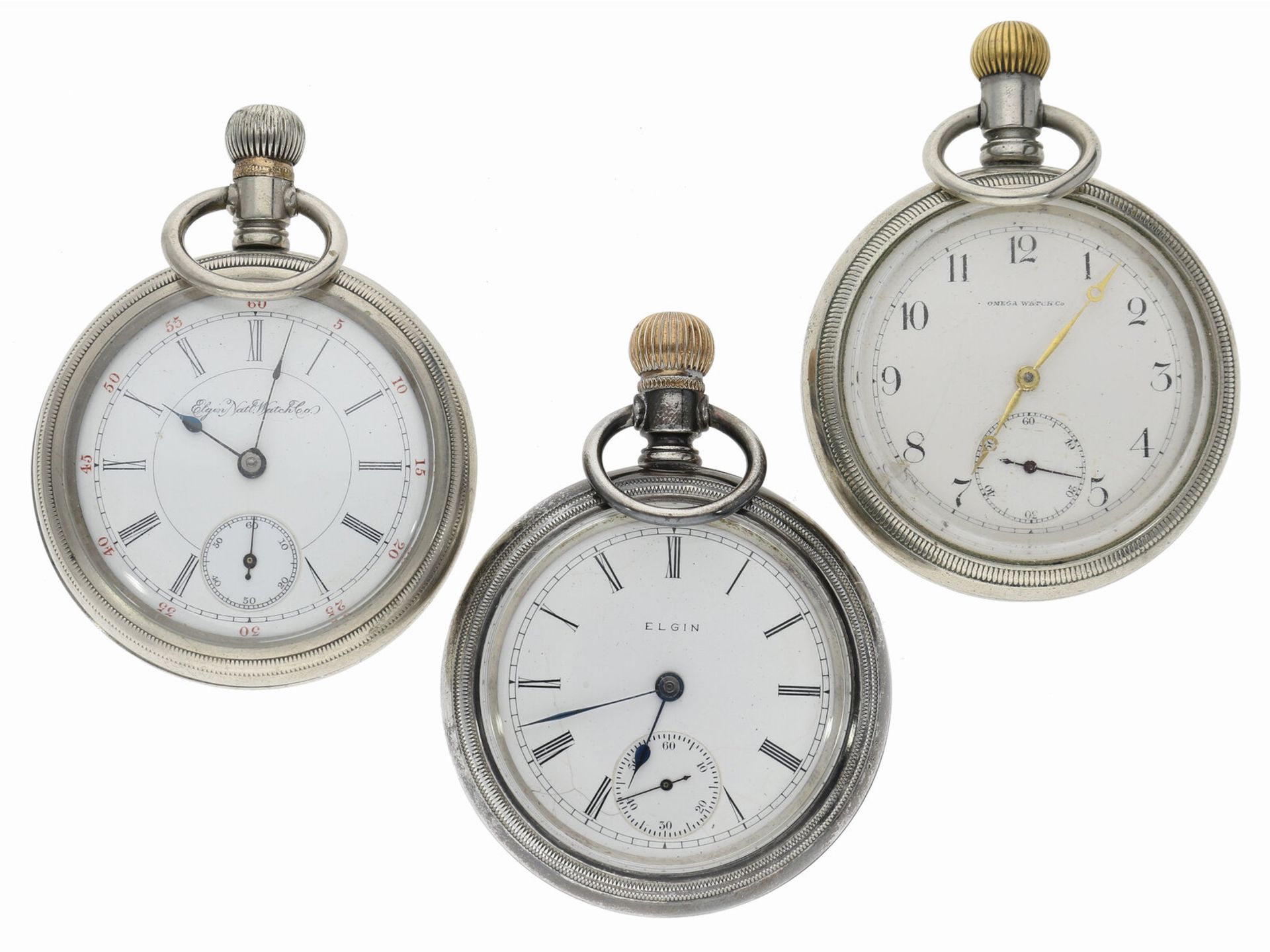 Taschenuhr: Konvolut von seltenen Taschenuhren "Eisenbahneruhren", um 1900, dabei OMEGA!