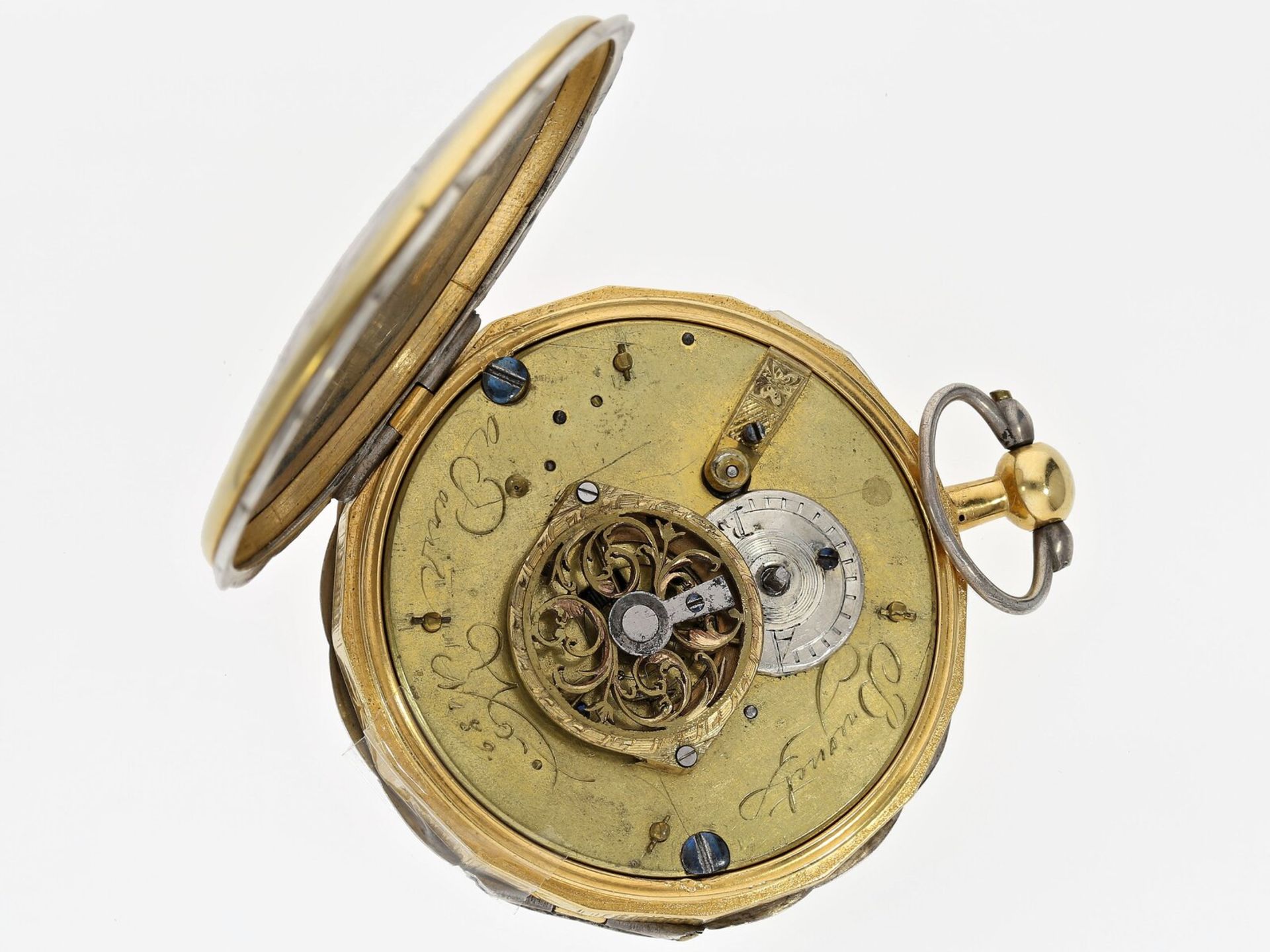 Taschenuhr: extrem seltene Spindeluhr mit Freimaurerdekoration, Frankreich um 1800 - Bild 4 aus 4