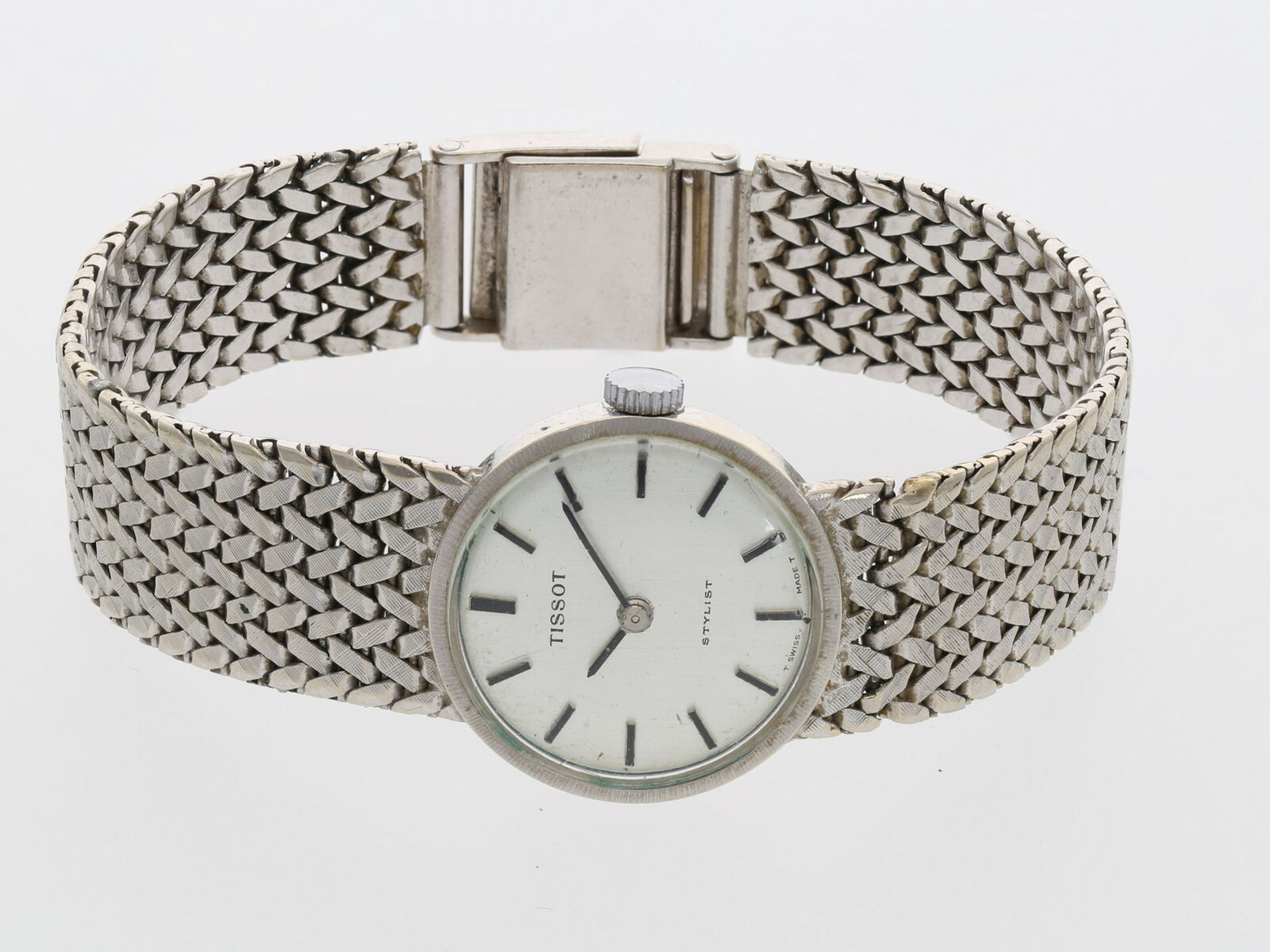 Armbanduhr: weißgoldene vintage Damenuhr der Marke Tissot, Modell "Stylist"