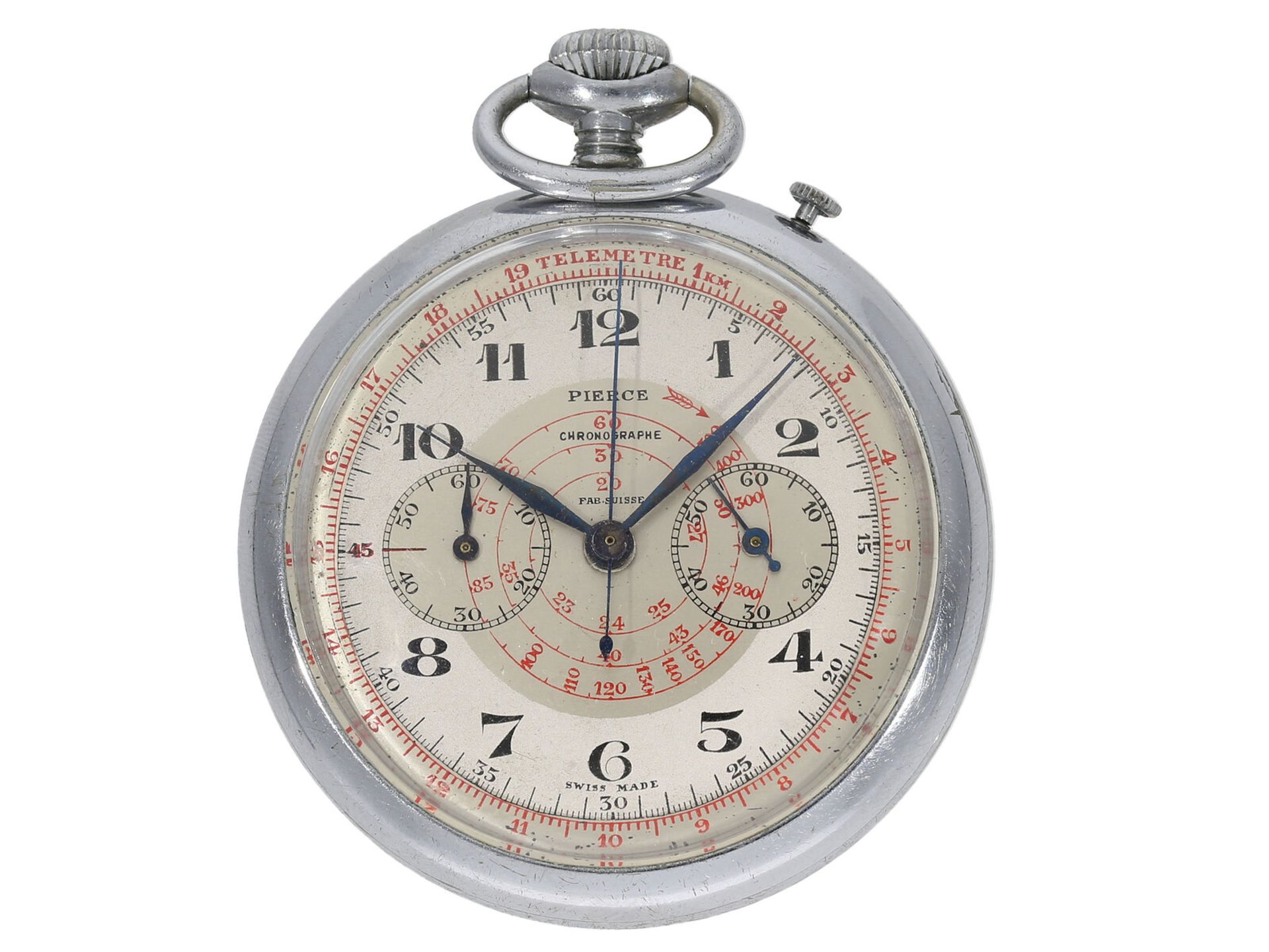 Taschenuhr: sehr seltener Chronograph mit "2-tone-Dial", Pierce, Art déco 30er-Jahre