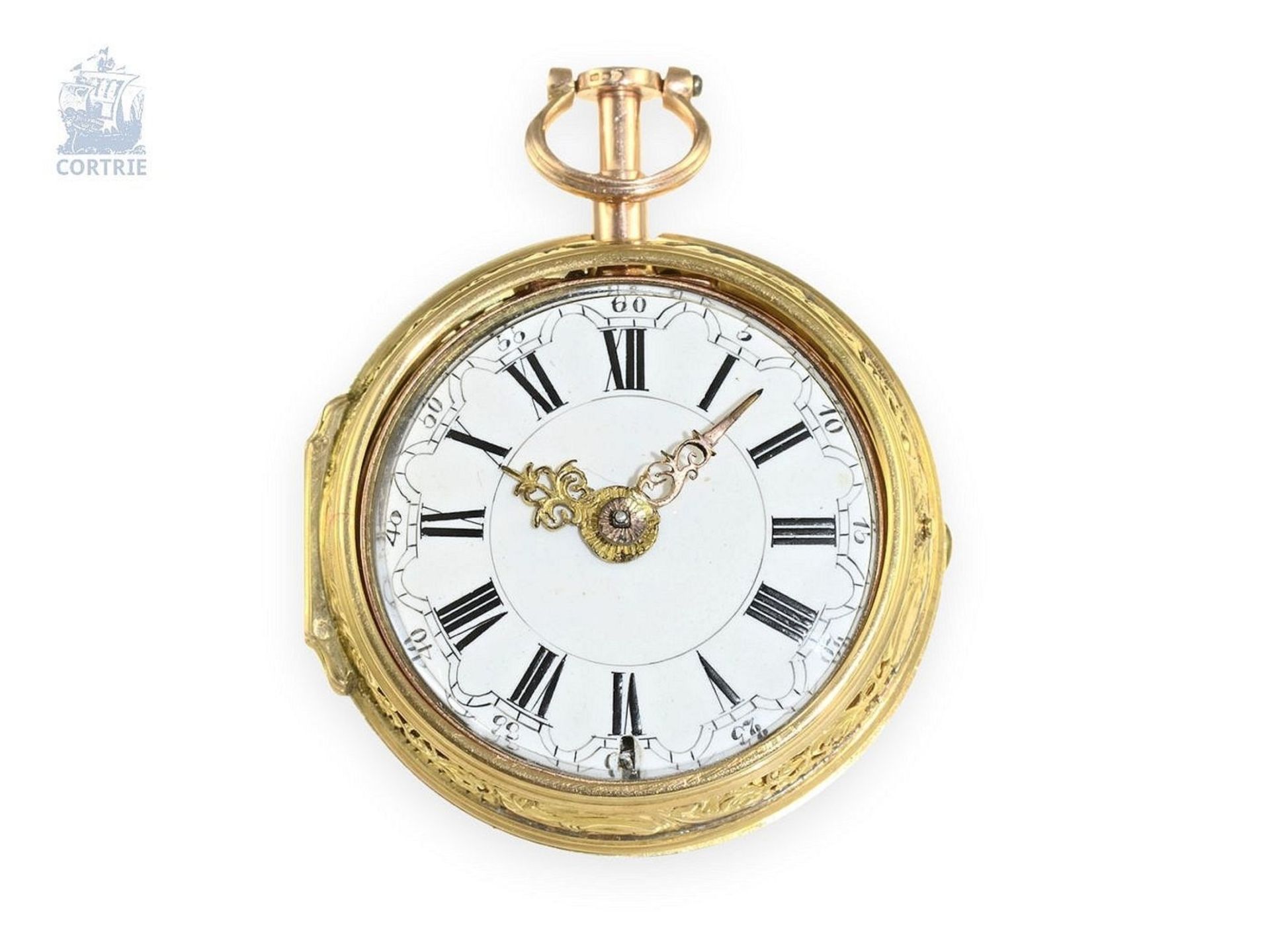 Taschenuhr: goldene Doppelgehäuse-Repoussé-Spindeluhr mit Stunden-Repetition, Charles Cabrier London - Bild 5 aus 5