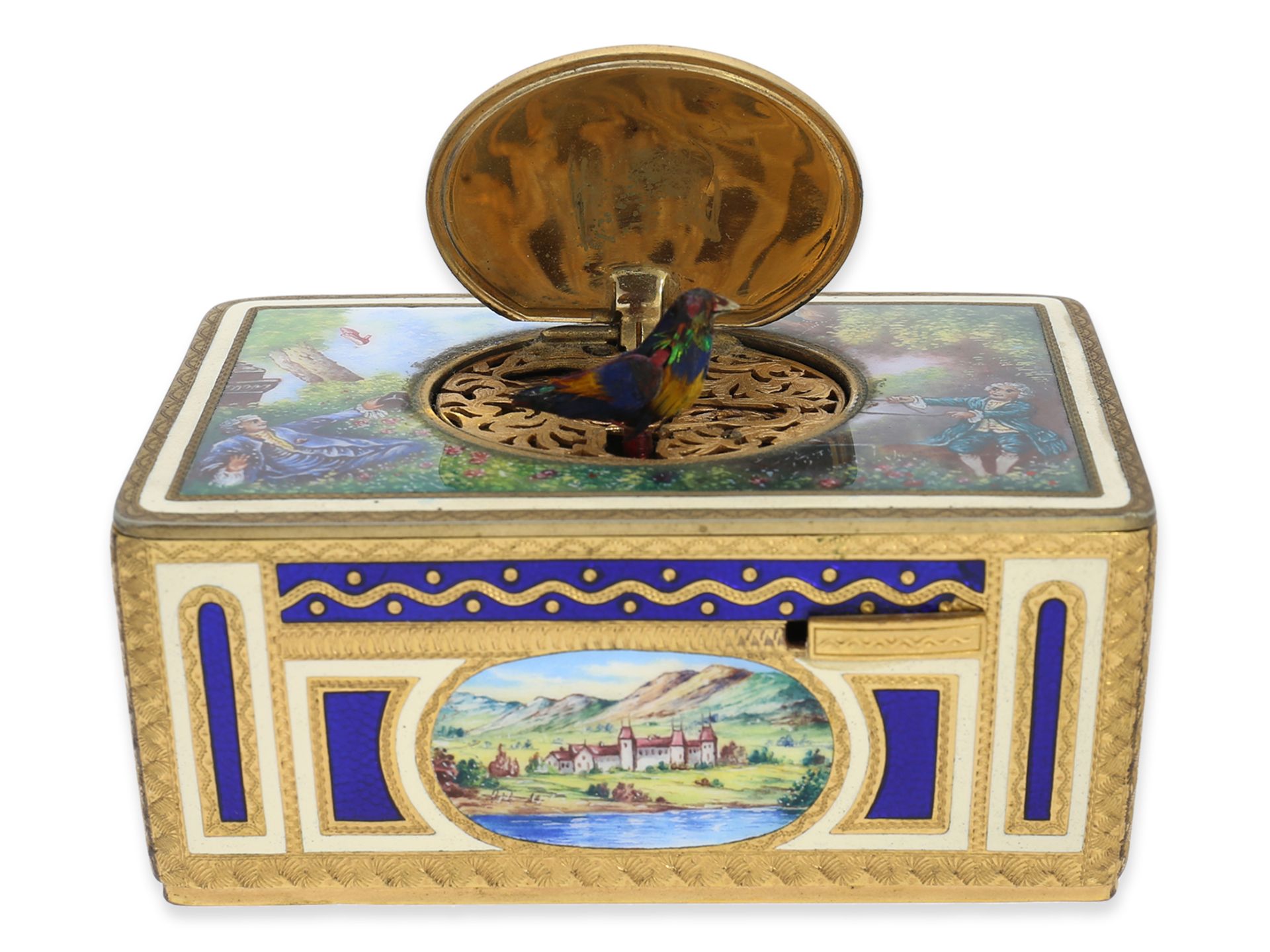 Singvogeldose: exquisite Emaillebox mit Singvogelautomat, Karl Griesbaum, 1. Hälfte 20.Jh