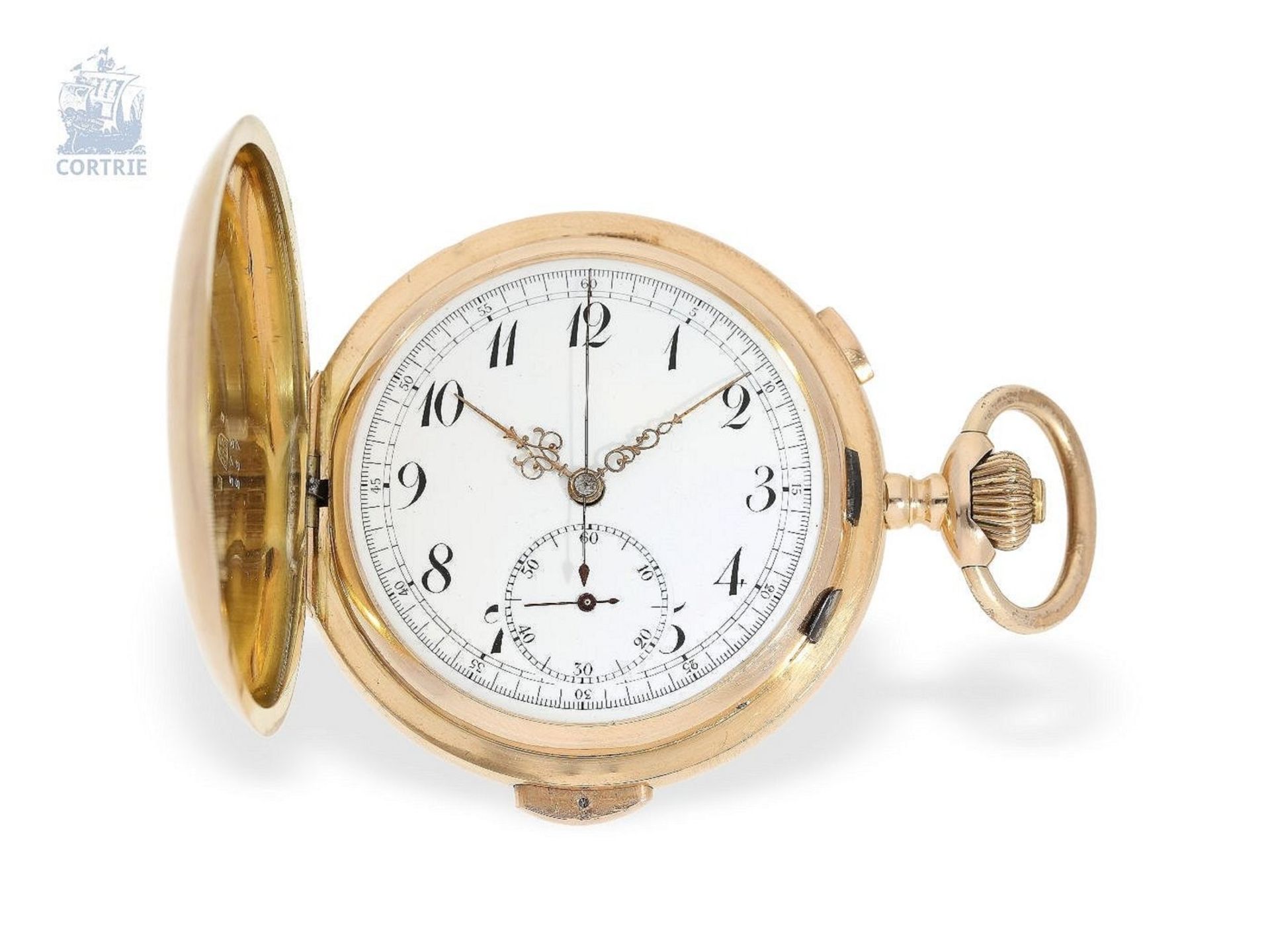 Taschenuhr: große rotgoldene Savonnette mit Repetition und Chronograph, Audemars Freres No.151573, L