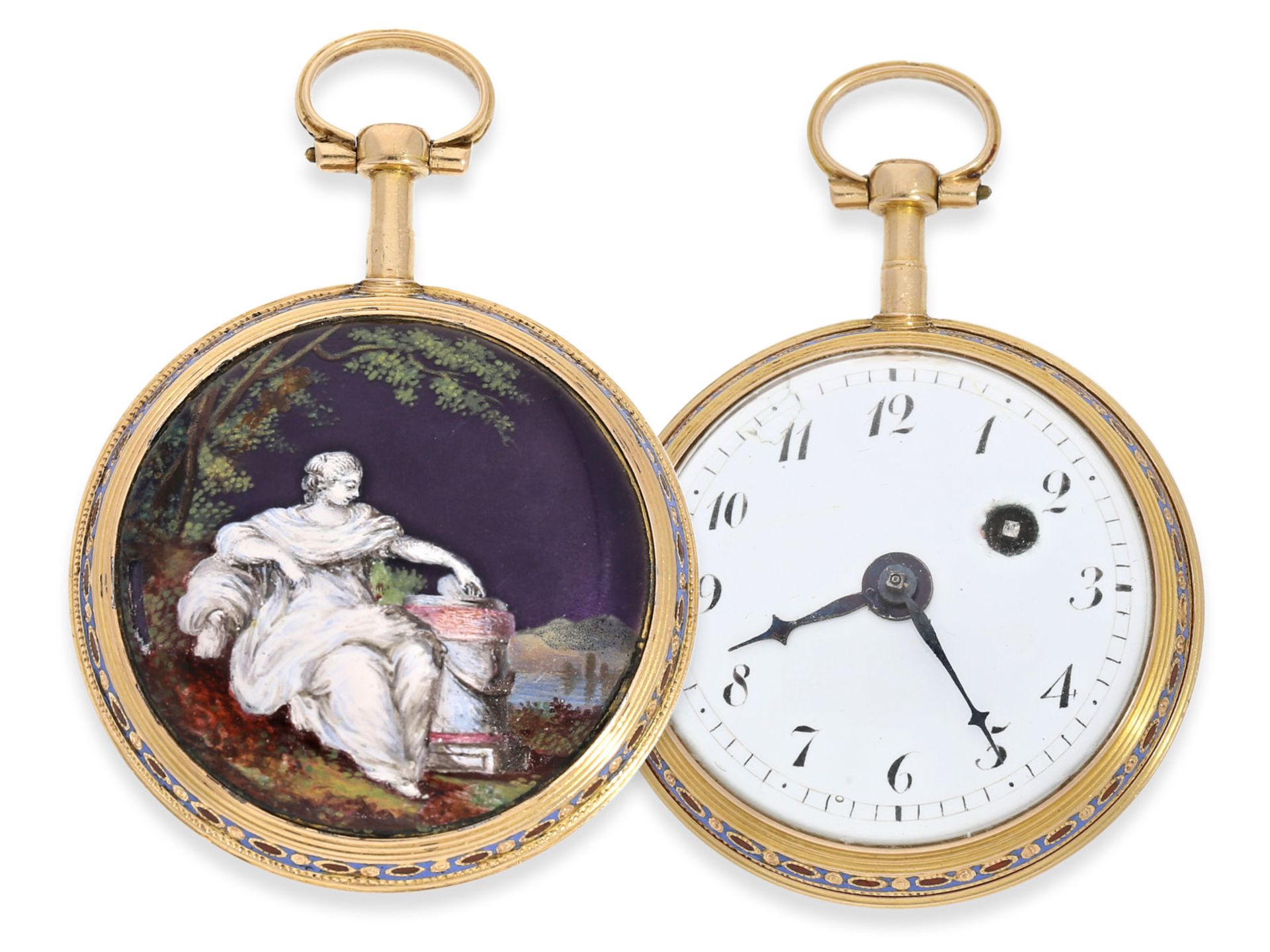 Taschenuhr: Gold/Emaille-Spindeluhr mit Emaille-Gemälde besonderer Qualität und sehr seltener Emaill