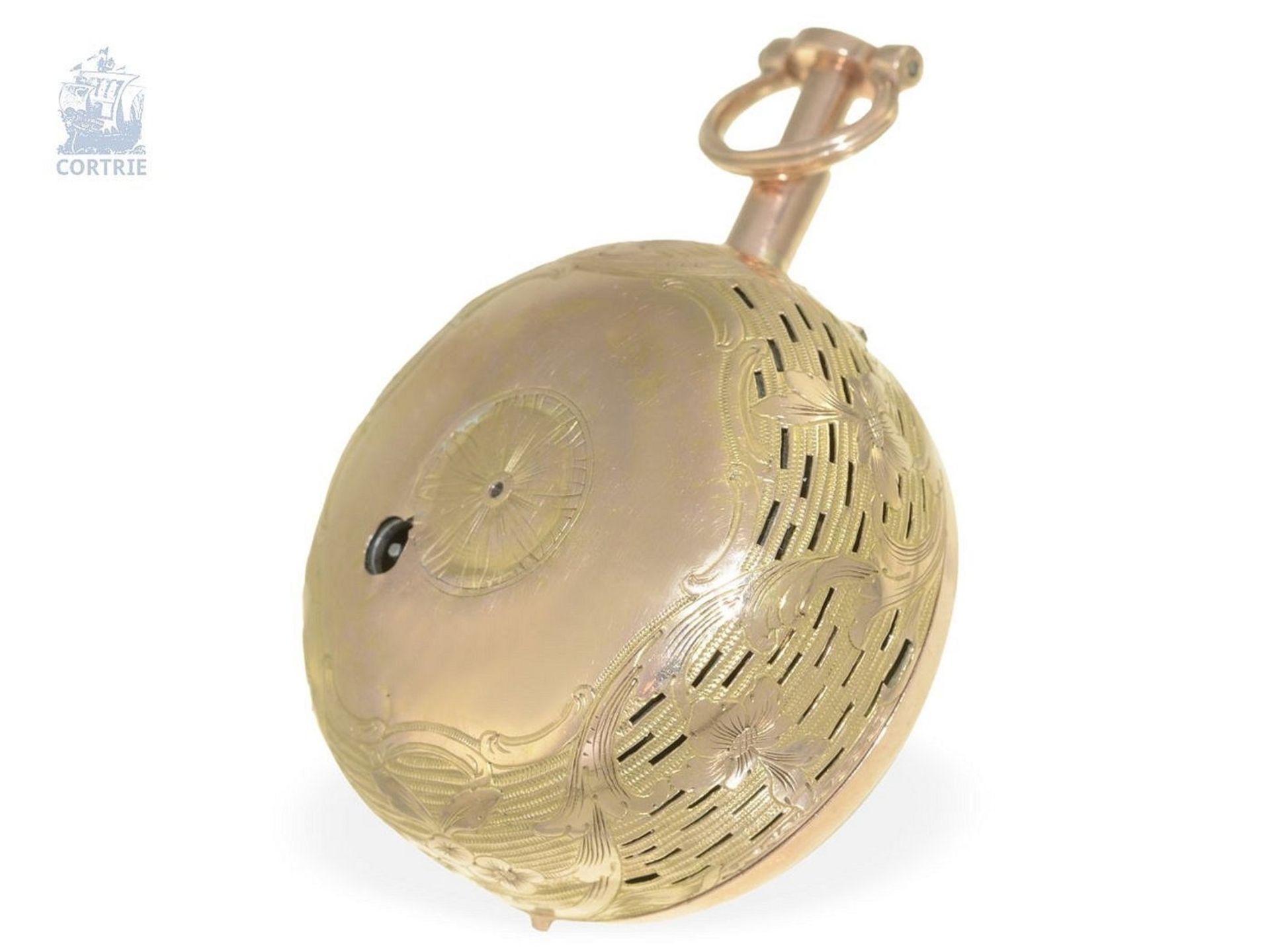 Taschenuhr: goldene Doppelgehäuse-Repoussé-Spindeluhr mit Stunden-Repetition, Charles Cabrier London - Bild 4 aus 5