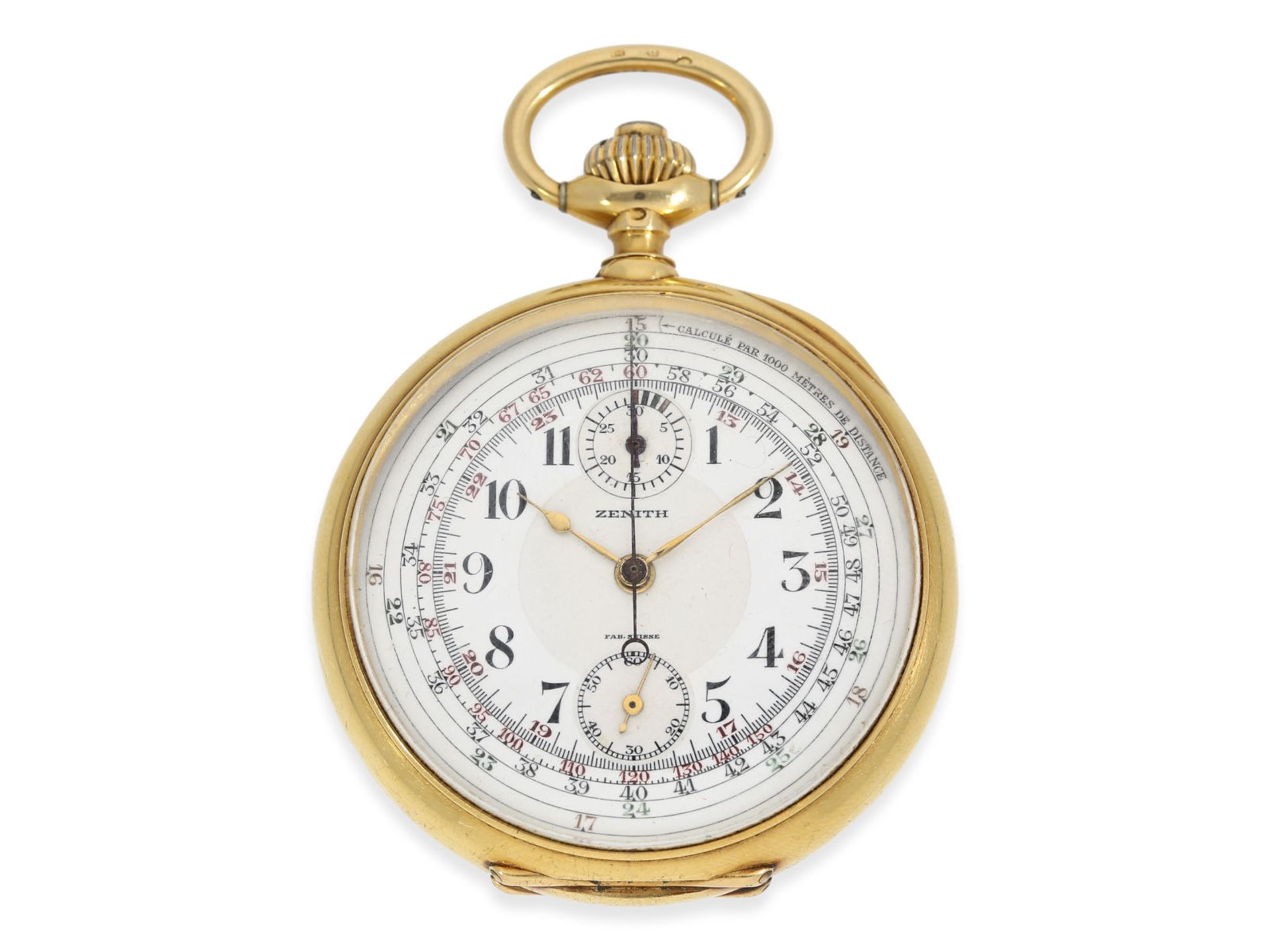 Taschenuhr: hochwertiger Zenith 18K Chronograph "Compteur" mit Multicolour-Zifferblatt, ca. 1915