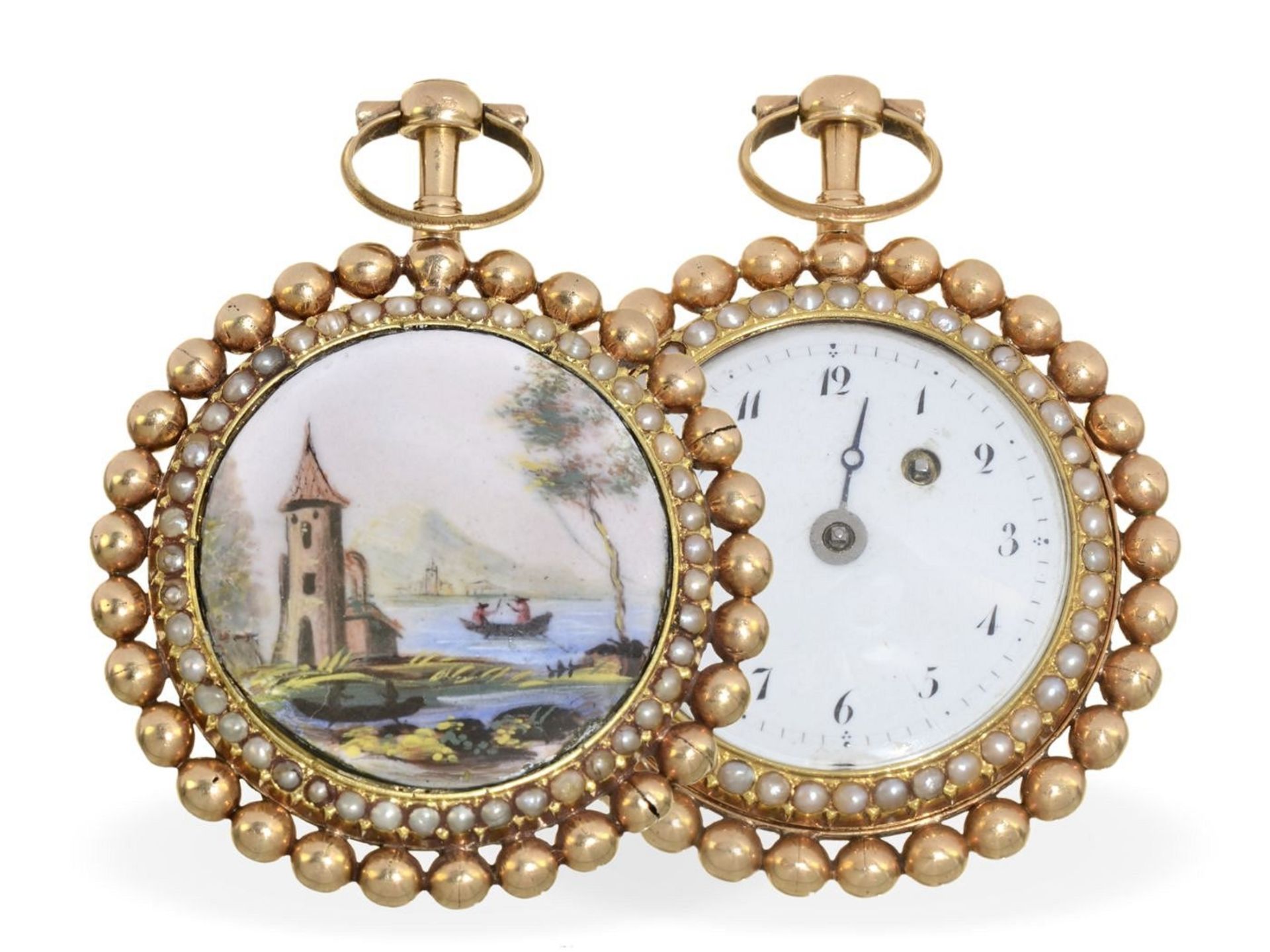 Taschenuhr: außergewöhnliche Gold/Emaille-Spindeluhr mit beidseitigem Perlenbesatz, vermutlich Genf 