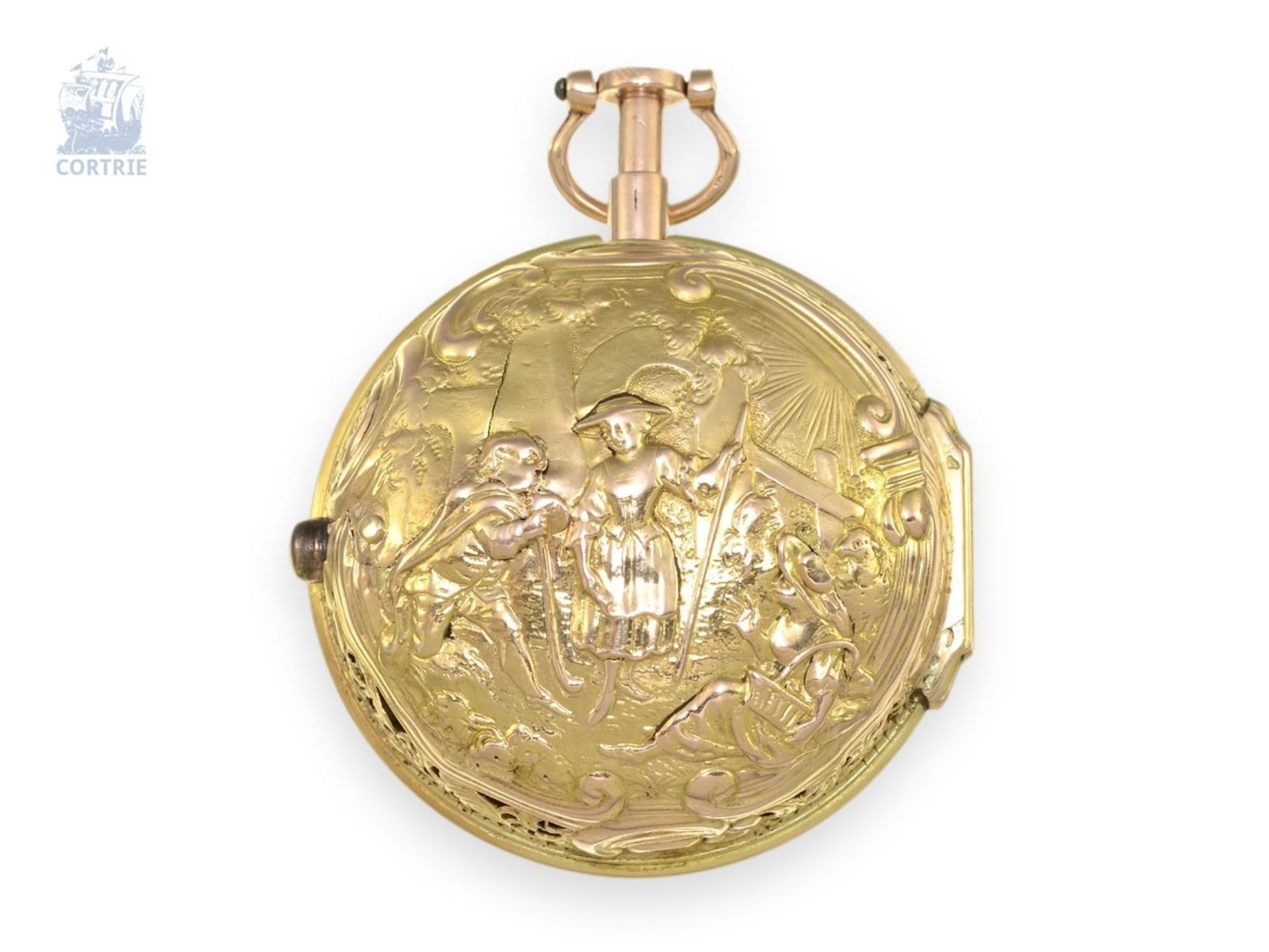 Taschenuhr: goldene Doppelgehäuse-Repoussé-Spindeluhr mit Stunden-Repetition, Charles Cabrier London - Bild 2 aus 5