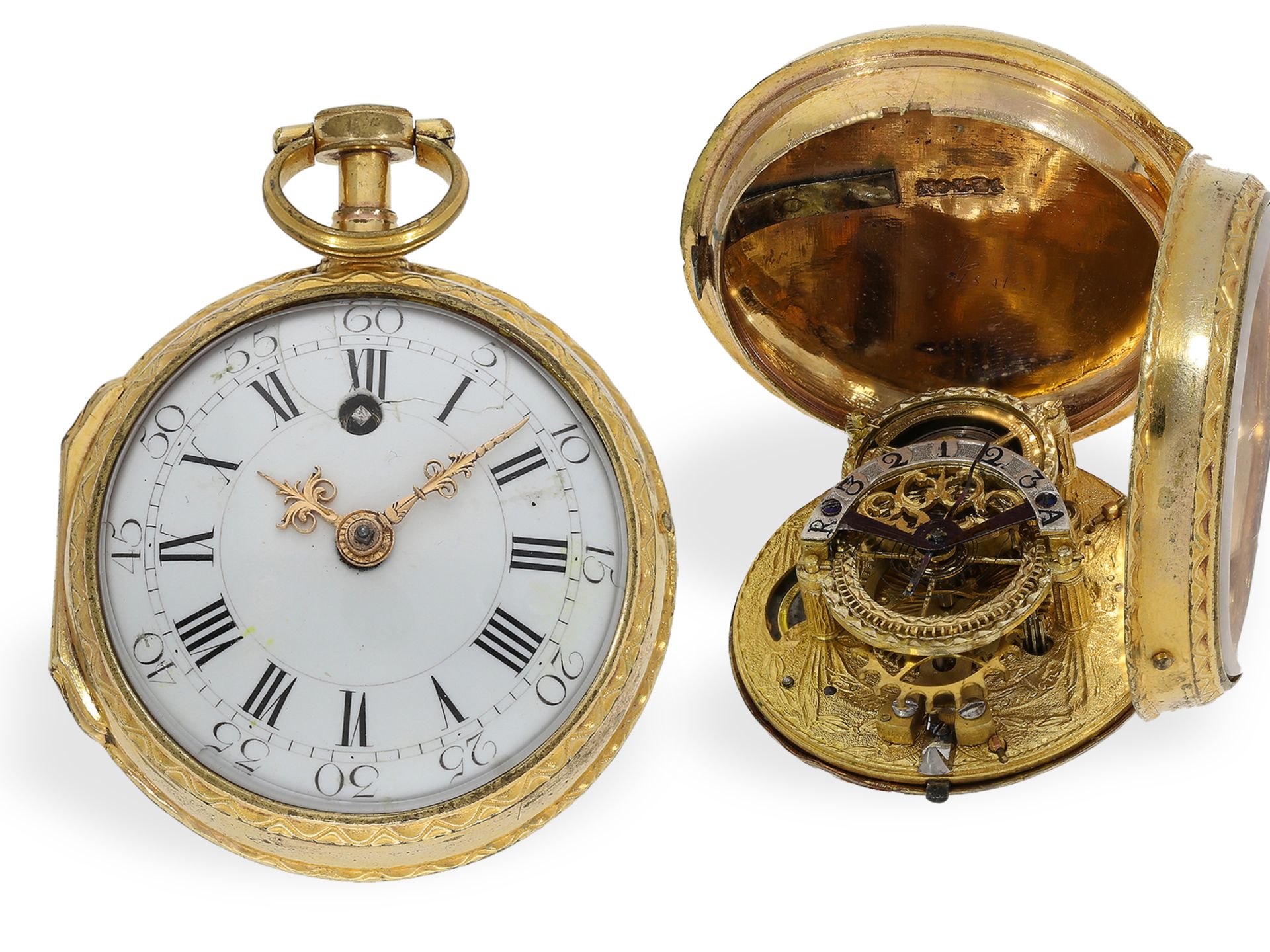 Taschenuhr: frühe Zylinderuhr mit sehr seltenem Werk mit "Slow Beat-Unruh", ca. 1760