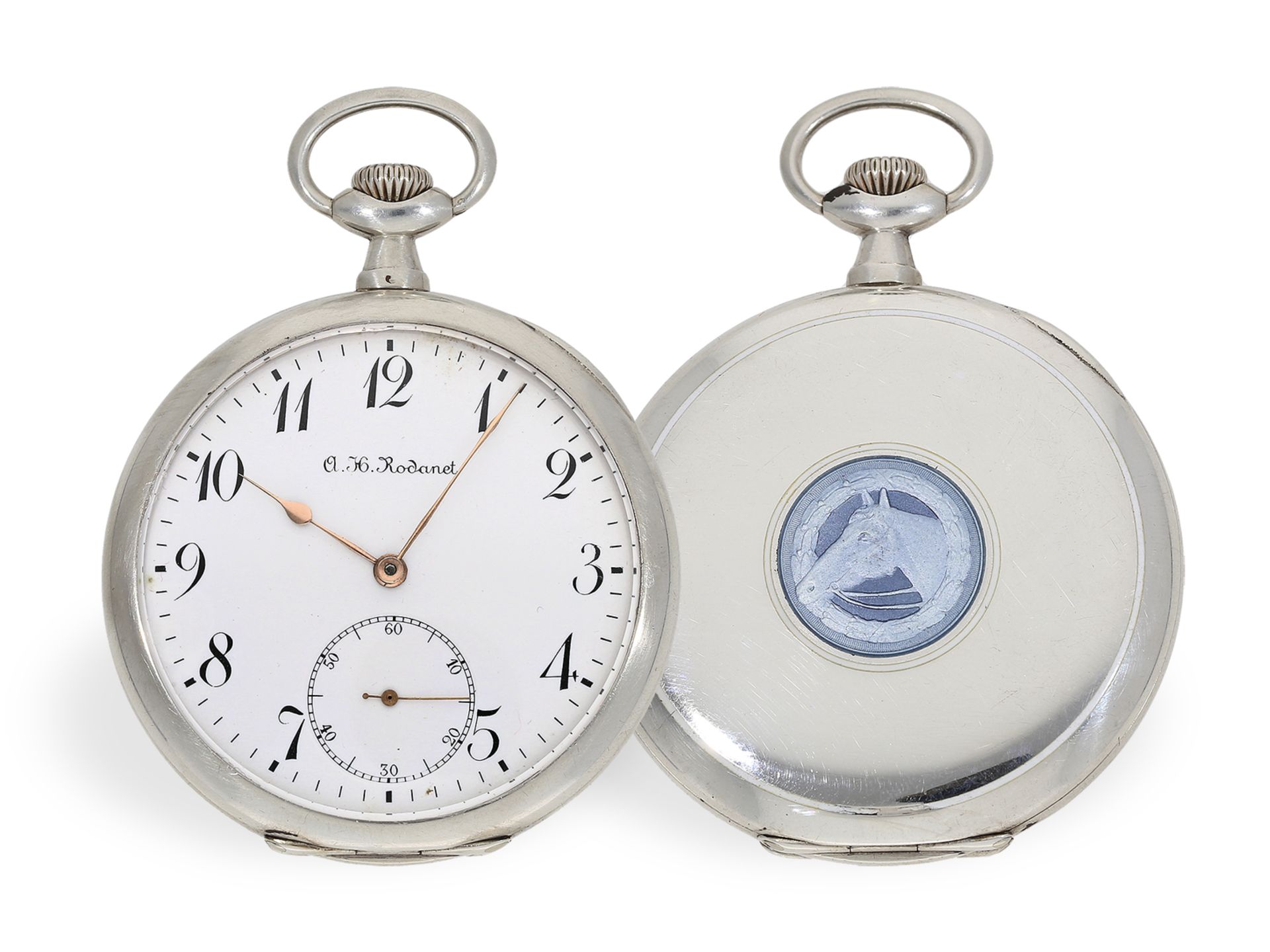 Exquisite Taschenuhr mit Emaille-Malerei, Chronometermacher Rodanet Paris, mit Originalbox, ca. 1910