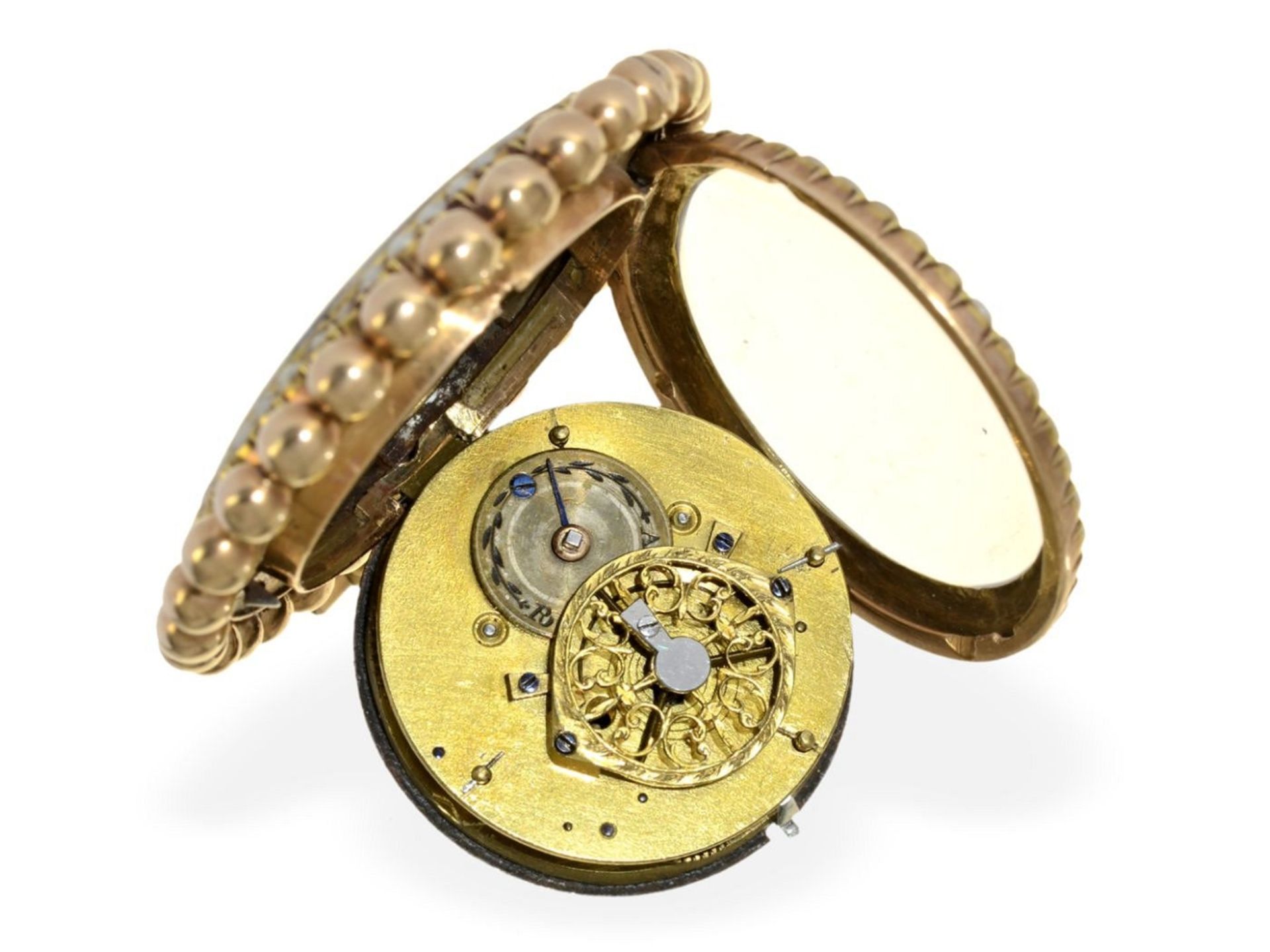 Taschenuhr: außergewöhnliche Gold/Emaille-Spindeluhr mit beidseitigem Perlenbesatz, vermutlich Genf  - Bild 3 aus 3