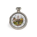 Taschenuhr: englische Spindeluhr mit Emaille-Malerei und Automat "Windmühle", ca.1802