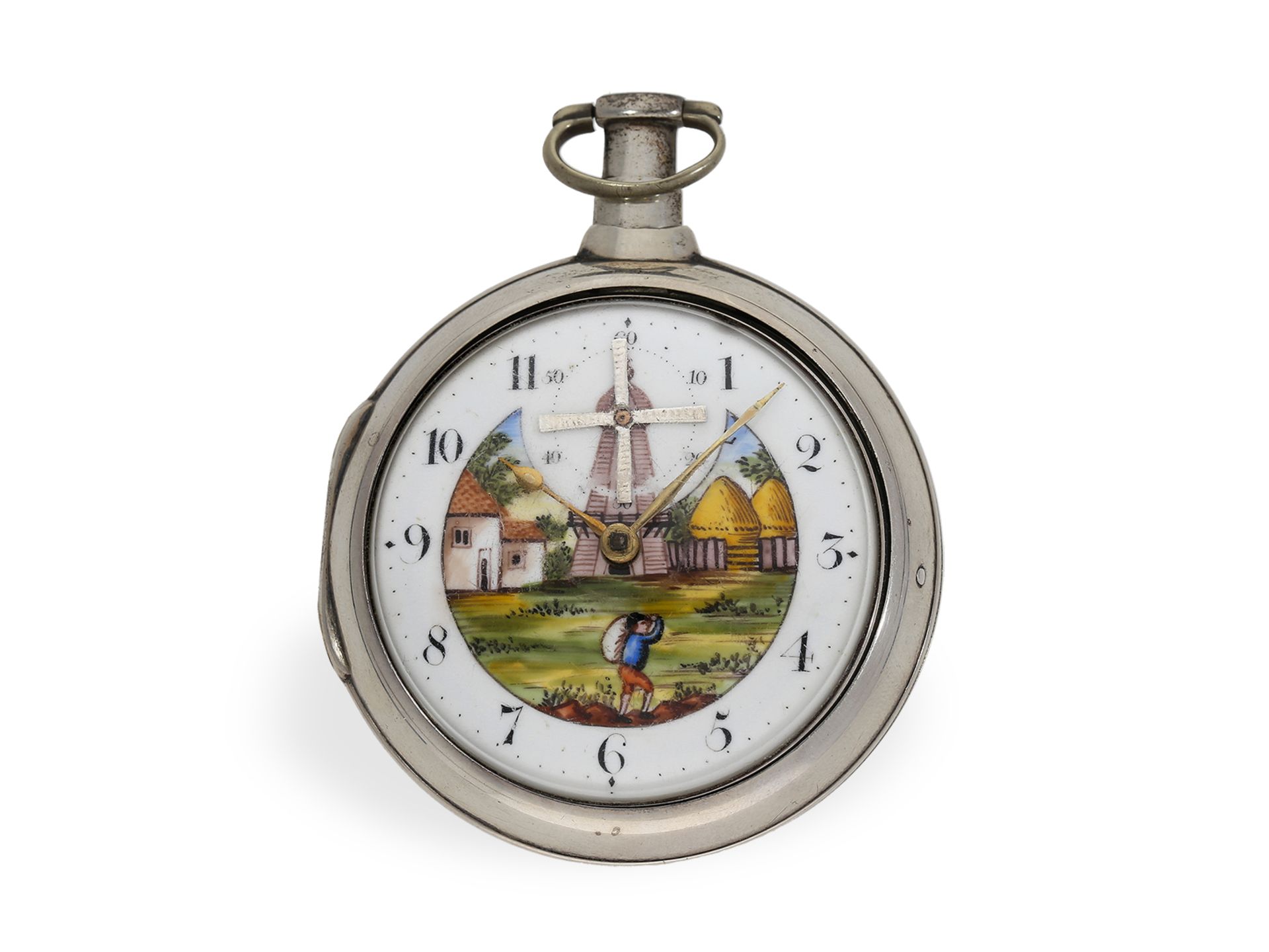 Taschenuhr: englische Spindeluhr mit Emaille-Malerei und Automat "Windmühle", ca.1802