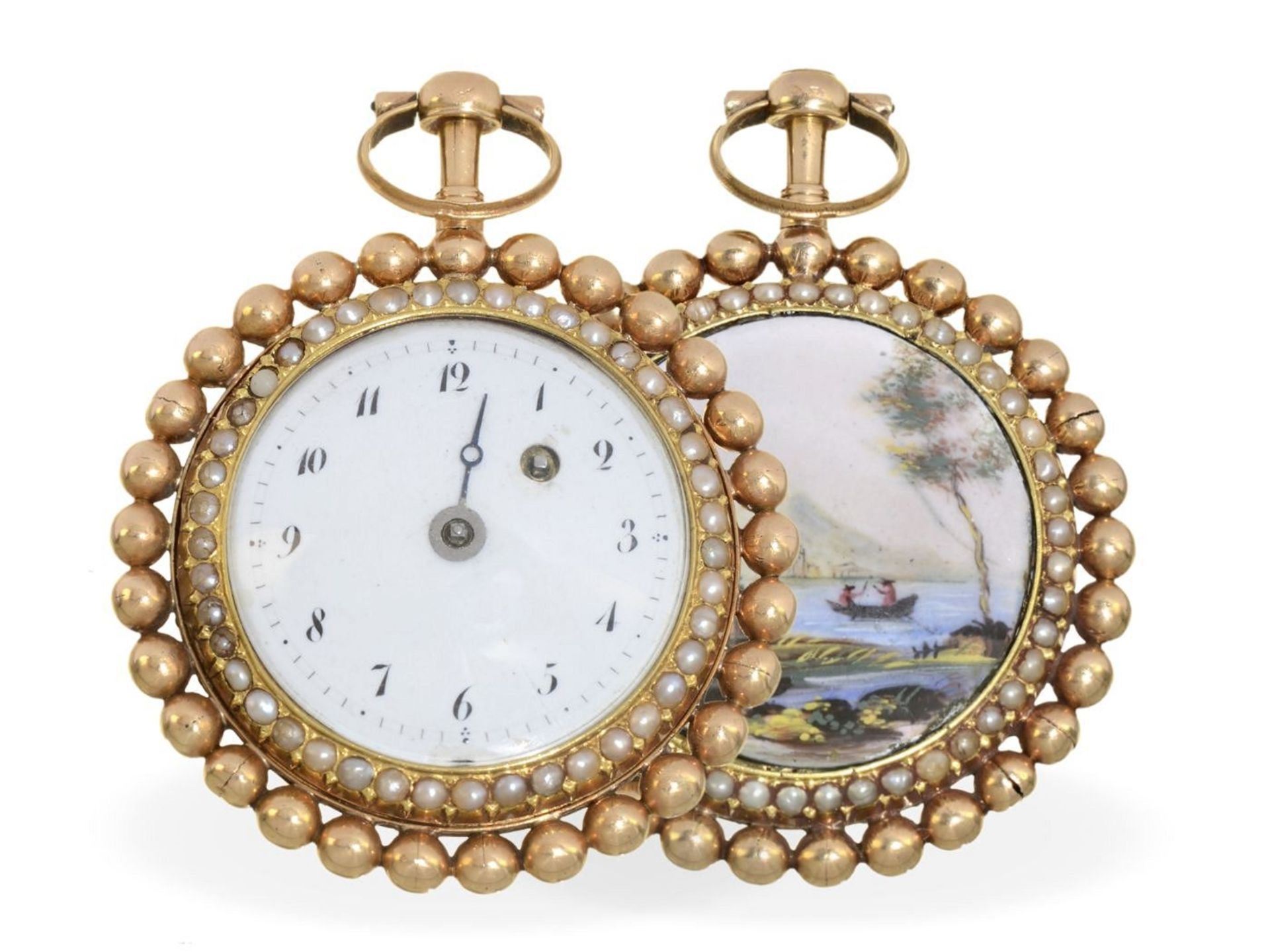 Taschenuhr: außergewöhnliche Gold/Emaille-Spindeluhr mit beidseitigem Perlenbesatz, vermutlich Genf  - Bild 2 aus 3