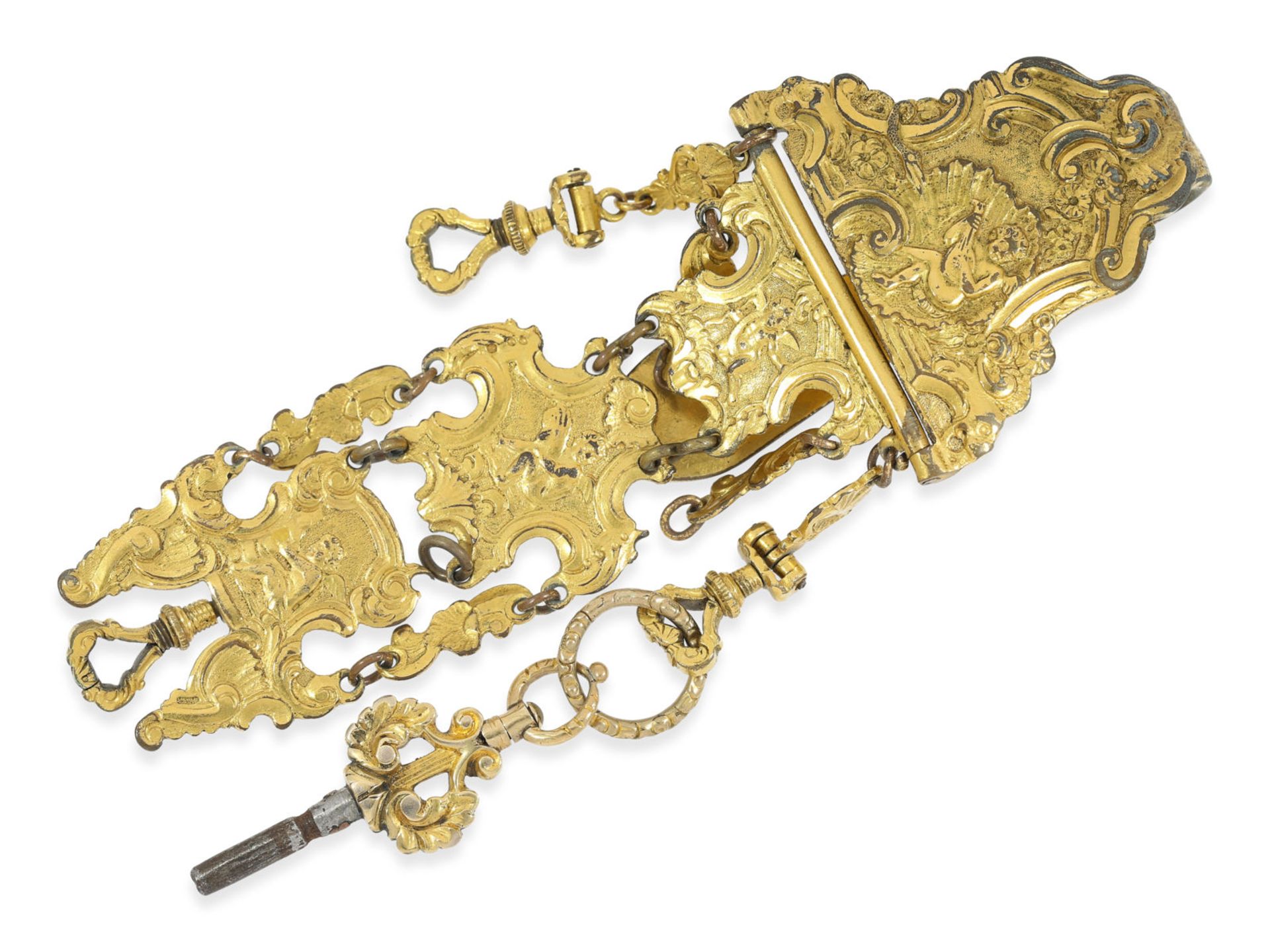 Taschenuhr: 18K Repousse Doppelgehäuse-Spindeluhr mit Chatelaine, sehr feine Qualität, John Cowell L - Bild 2 aus 6